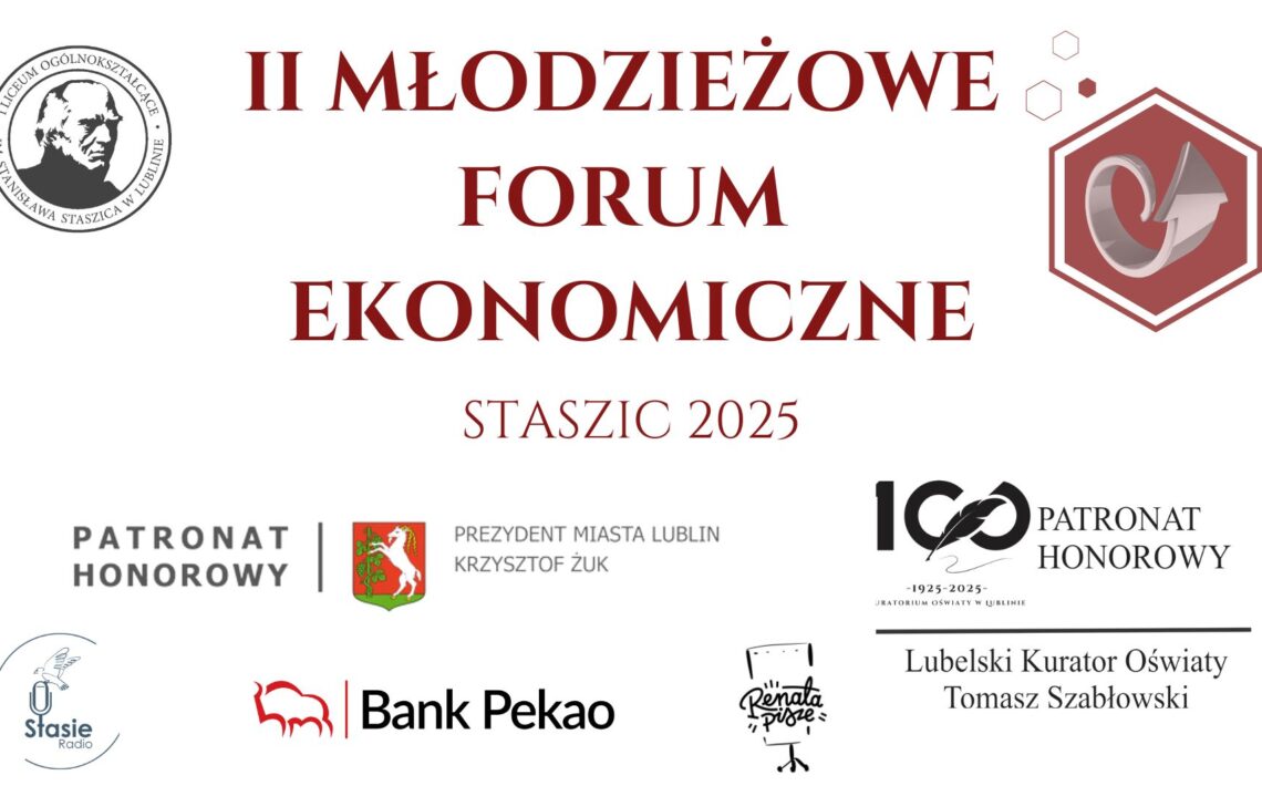 Plakat informujący o II Młodzieżowym Forum Ekonomicznym. Napisy bordowe na białym tle. Informacja o patronatach Prezydenta miasta Lublin i Lubelskiego Kuratora Oświaty. Również logo Banku Pekao SA w Lublinie, Studia grafiki Renata Pisze oraz logo PxC i Stasie Radio.