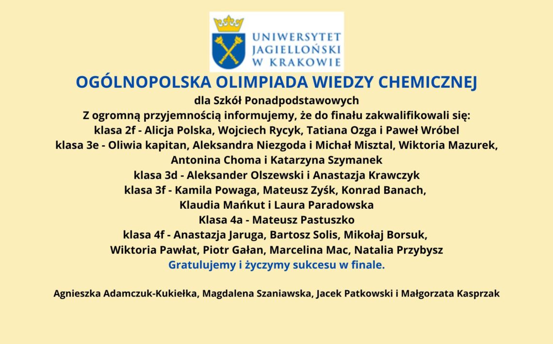 OGÓLNOPOLSKA OLIMPIADA WIEDZY CHEMICZNEJ dla Szkół Ponadpodstawowych Z ogromną przyjemnością informujemy, że do finału zakwalifikowali się: klasa 2f Alicja Polska, Wojciech Rycyk, Tatiana Ozga i Paweł Wróbel klasa 3e Oliwia kapitan, Aleksandra Niezgoda i Michał Misztal klasa 3d Aleksander Olszewski klasa 3f Kamila Powaga, Mateusz Zyśk, Konrad Banach, Klaudia Mańkut i Laura Paradowska Klasa 4a Mateusz Pastuszko klasa 4f Anastazja Jaruga, Bartosz Solis, Mikołaj Borsuk, Wiktoria Pawłat, Piotr Gałan, Marcelina Mac, Natalia Przybysz Gratulujemy i życzymy sukcesu w finale. Agnieszka Adamczuk-Kukiełka, Magdalena Szaniawska, Jacek Patkowski i Małgorzata Kasprzak Logo Uniwersytetu Jagiellońskiego