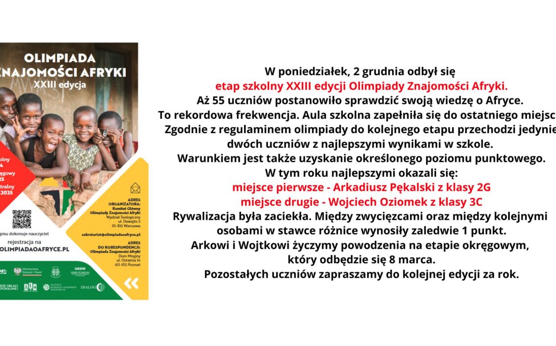 W poniedziałek, 2 grudnia odbył się etap szkolny XXIII edycji Olimpiady Znajomości Afryki. Aż 55 uczniów postanowiło sprawdzić swoją wiedzę o Afryce. To rekordowa frekwencja. Aula szkolna zapełniła się do ostatniego miejsca. Zgodnie z regulaminem olimpiady do kolejnego etapu przechodzi jedynie dwóch uczniów z najlepszymi wynikami w szkole. Warunkiem jest także uzyskanie określonego poziomu punktowego. W tym roku najlepszymi okazali się: miejsce pierwsze - Arkadiusz Pękalski z klasy 2G miejsce drugie - Wojciech Oziomek z klasy 3C Rywalizacja była zaciekła. Między zwycięzcami oraz między kolejnymi osobami w stawce różnice wynosiły zaledwie 1 punkt. Arkowi i Wojtkowi życzymy powodzenia na etapie okręgowym który odbędzie się 8 marca. Pozostałych uczniów zapraszamy do kolejnej edycji za rok