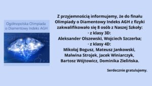 Grafika informacyjna na jasnoniebieskim tle. Po lewej stronie znajduje się niebieski prostokąt z grafiką przedstawiającą błyszczący diament na tle wzorów matematycznych i chemicznych. Nad grafiką widnieje napis: "Ogólnopolska Olimpiada o Diamentowy Indeks AGH".

Po prawej stronie znajduje się czarny tekst informujący o wynikach eliminacji do finału olimpiady. Treść komunikatu:
"Z przyjemnością informujemy, że do finału Olimpiady o Diamentowy Indeks AGH z fizyki zakwalifikowało się 8 osób z Naszej Szkoły:"

Lista zakwalifikowanych osób:

    z klasy 3D: Aleksander Olszewski, Wojciech Szczerba;
    z klasy 4D: Mikołaj Bogusz, Mateusz Jankowski, Malwina Strojek, Jacek Winiarczyk, Bartosz Wójtowicz, Dominika Zielińska.

Na dole tekstu znajduje się napis: "Serdecznie gratulujemy."

Całość informacji jest czytelna, a tło i kolory dobrane są w sposób ułatwiający odbiór treści.