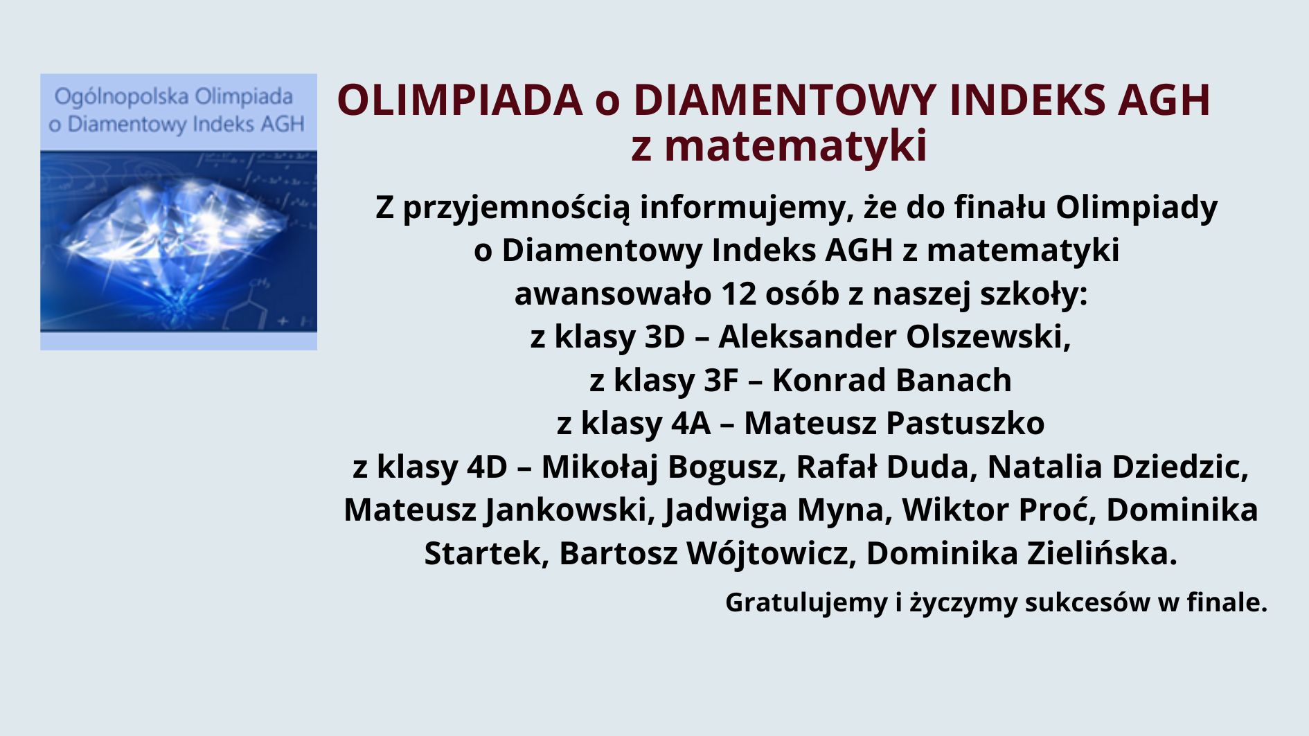 Na jasnoniebieskim tle znajduje się informacja o awansie uczniów do finału Olimpiady o Diamentowy Indeks AGH z matematyki. W lewym górnym rogu umieszczono kwadratową grafikę z logo olimpiady. Na niej widnieje błyszczący diament o niebieskim odcieniu, z rozbłyskami światła. W tle diamentu widoczne są wzory matematyczne i chemiczne. Nad grafiką znajduje się napis: "Ogólnopolska Olimpiada o Diamentowy Indeks AGH" w kolorze niebieskim na jasnym tle. Po prawej stronie grafiki znajduje się główna treść ogłoszenia. Nagłówek jest napisany wielkimi literami i pogrubioną czcionką w kolorze bordowym: "OLIMPIADA o DIAMENTOWY INDEKS AGH z matematyki" Poniżej znajduje się tekst w kolorze czarnym, informujący o awansie 12 uczniów do finału olimpiady. Wymienione są ich imiona i nazwiska oraz klasy, do których uczęszczają: z klasy 3D: Aleksander Olszewski z klasy 3F: Konrad Banach z klasy 4A: Mateusz Pastuszko z klasy 4D: Mikołaj Bogusz, Rafał Duda, Natalia Dziedzic, Mateusz Jankowski, Jadwiga Myna, Wiktor Proć, Dominika Startek, Bartosz Wójtowicz, Dominika Zielińska Na dole, pogrubioną czcionką, umieszczone jest gratulacyjne przesłanie: "Gratulujemy i życzymy sukcesów w finale."