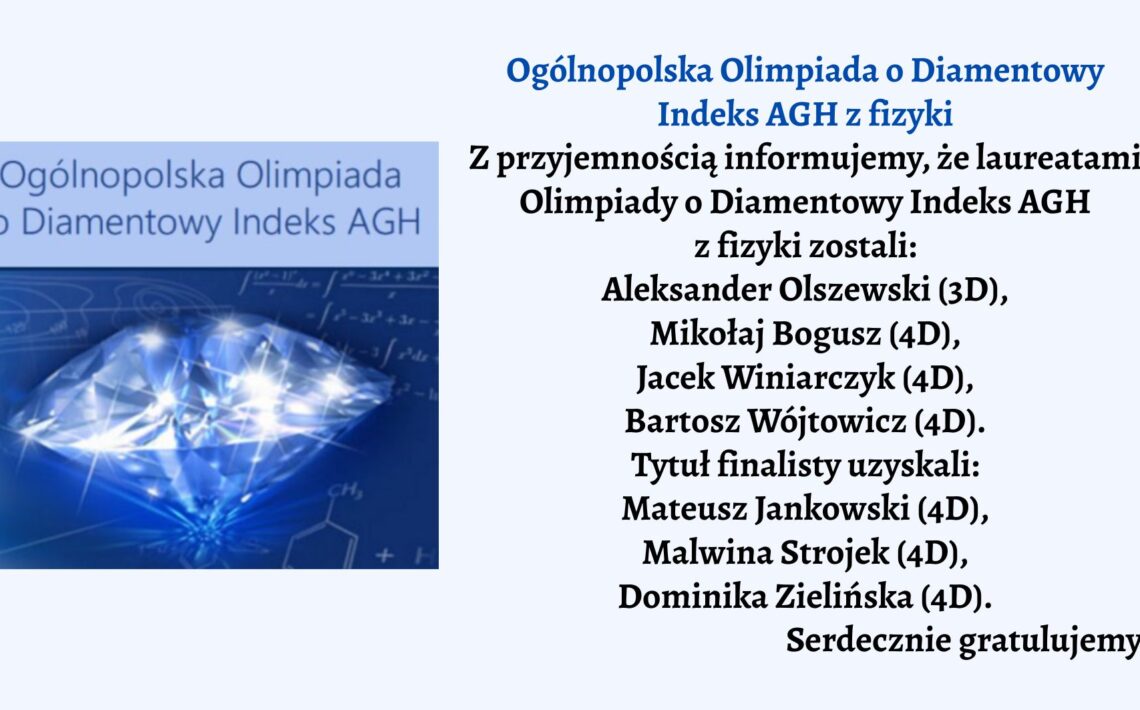 Grafika podzielona jest na dwie części: lewa strona zawiera element wizualny, prawa — treść informacyjną. Lewa strona grafiki: Na jasnoniebieskim tle widnieje duży, błyszczący, wielościenny diament w kolorze niebiesko-białym, odbijający światło. W tle znajdują się matematyczne i fizyczne wzory zapisane białymi znakami na granatowym tle. Powyżej diamentu znajduje się napis: „Ogólnopolska Olimpiada o Diamentowy Indeks AGH” – czcionką bezszeryfową, w kolorze niebieskim. Prawa strona grafiki: Na jasnym tle znajduje się czarny tekst informacyjny. Nagłówek wyróżniony jest większym, pogrubionym fontem w kolorze niebieskim i głosi: „Ogólnopolska Olimpiada o Diamentowy Indeks AGH z fizyki” Poniżej, standardową czcionką w kolorze czarnym, znajduje się komunikat: Z przyjemnością informujemy, że laureatami Olimpiady o Diamentowy Indeks AGH z fizyki zostali: Aleksander Olszewski (3D), Mikołaj Bogusz (4D), Jacek Winiarczyk (4D), Bartosz Wójtowicz (4D). Następnie dodano: Tytuł finalisty uzyskali: Mateusz Jankowski (4D), Malwina Strojek (4D), Dominika Zielińska (4D). Na końcu zdanie: „Serdecznie gratulujemy.”