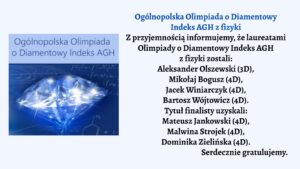 Grafika podzielona jest na dwie części: lewa strona zawiera element wizualny, prawa — treść informacyjną.

    Lewa strona grafiki: Na jasnoniebieskim tle widnieje duży, błyszczący, wielościenny diament w kolorze niebiesko-białym, odbijający światło. W tle znajdują się matematyczne i fizyczne wzory zapisane białymi znakami na granatowym tle.

    Powyżej diamentu znajduje się napis: „Ogólnopolska Olimpiada o Diamentowy Indeks AGH” – czcionką bezszeryfową, w kolorze niebieskim.

    Prawa strona grafiki: Na jasnym tle znajduje się czarny tekst informacyjny. Nagłówek wyróżniony jest większym, pogrubionym fontem w kolorze niebieskim i głosi:

    „Ogólnopolska Olimpiada o Diamentowy Indeks AGH z fizyki”

    Poniżej, standardową czcionką w kolorze czarnym, znajduje się komunikat:

        Z przyjemnością informujemy, że laureatami Olimpiady o Diamentowy Indeks AGH z fizyki zostali:
        Aleksander Olszewski (3D),
        Mikołaj Bogusz (4D),
        Jacek Winiarczyk (4D),
        Bartosz Wójtowicz (4D).

    Następnie dodano:

        Tytuł finalisty uzyskali:
        Mateusz Jankowski (4D),
        Malwina Strojek (4D),
        Dominika Zielińska (4D).

    Na końcu zdanie: „Serdecznie gratulujemy.”