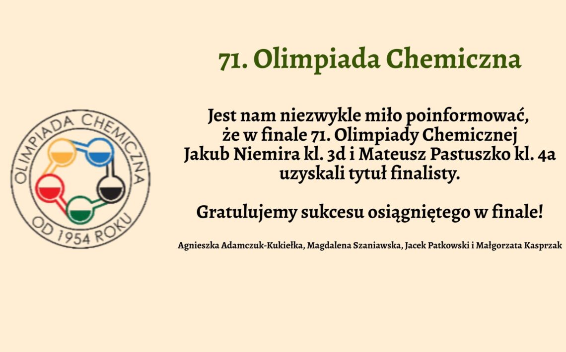 Grafika ma jasnobeżowe tło. Po lewej stronie znajduje się kolorowe logo Olimpiady Chemicznej. Po prawej stronie umieszczono tekst informacyjny w języku polskim, wyrównany do środka, dotyczący sukcesu dwóch uczniów w finale 71. Olimpiady Chemicznej. Tekst zapisano czcionką szeryfową w kolorze czarnym i zielonym. Szczegółowy opis treści: Nagłówek główny (zielony kolor, pogrubiony): „71. Olimpiada Chemiczna” Tekst główny (czarny kolor): „Jest nam niezwykle miło poinformować, że w finale 71. Olimpiady Chemicznej Jakub Niemira kl. 3d i Mateusz Pastuszko kl. 4a uzyskali tytuł finalisty.” Podkreślona gratulacja (pogrubiona): „Gratulujemy sukcesu osiągniętego w finale!” Podpisy nauczycieli (mniejsza czcionka): „Agnieszka Adamczuk-Kukiełka, Magdalena Szaniawska, Jacek Patkowski i Małgorzata Kasprzak” Opis logotypu po lewej stronie: Logo ma kształt okręgu. Wewnątrz znajduje się symbol cząsteczki chemicznej przedstawionej w uproszczonej, kolorowej formie – cztery kulki (atomy) połączone liniami (wiązaniami) w zamknięty obieg. Każdy atom ma inny kolor i kształt: Żółty (góra lewa), Niebieski (góra prawa), Czerwony (dół lewa), Zielony (dół prawa), Czarny atom umieszczony wewnątrz układu, z którego wychodzą połączenia do innych kul. Wokół obwodu koła napis w języku polskim: „OLIMPIADA CHEMICZNA” (góra) oraz „OD 1954 ROKU” (dół), oba napisy w kolorze czarnym. Cel grafiki: Ogłoszenie sukcesu uczniów w finale prestiżowego konkursu – 71. Olimpiady Chemicznej, z wyraźnym przekazem gratulacyjnym oraz uhonorowaniem nauczycieli.
