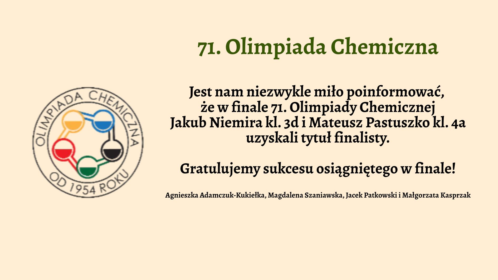 Grafika ma jasnobeżowe tło. Po lewej stronie znajduje się kolorowe logo Olimpiady Chemicznej. Po prawej stronie umieszczono tekst informacyjny w języku polskim, wyrównany do środka, dotyczący sukcesu dwóch uczniów w finale 71. Olimpiady Chemicznej. Tekst zapisano czcionką szeryfową w kolorze czarnym i zielonym. Szczegółowy opis treści: Nagłówek główny (zielony kolor, pogrubiony): „71. Olimpiada Chemiczna” Tekst główny (czarny kolor): „Jest nam niezwykle miło poinformować, że w finale 71. Olimpiady Chemicznej Jakub Niemira kl. 3d i Mateusz Pastuszko kl. 4a uzyskali tytuł finalisty.” Podkreślona gratulacja (pogrubiona): „Gratulujemy sukcesu osiągniętego w finale!” Podpisy nauczycieli (mniejsza czcionka): „Agnieszka Adamczuk-Kukiełka, Magdalena Szaniawska, Jacek Patkowski i Małgorzata Kasprzak” Opis logotypu po lewej stronie: Logo ma kształt okręgu. Wewnątrz znajduje się symbol cząsteczki chemicznej przedstawionej w uproszczonej, kolorowej formie – cztery kulki (atomy) połączone liniami (wiązaniami) w zamknięty obieg. Każdy atom ma inny kolor i kształt: Żółty (góra lewa), Niebieski (góra prawa), Czerwony (dół lewa), Zielony (dół prawa), Czarny atom umieszczony wewnątrz układu, z którego wychodzą połączenia do innych kul. Wokół obwodu koła napis w języku polskim: „OLIMPIADA CHEMICZNA” (góra) oraz „OD 1954 ROKU” (dół), oba napisy w kolorze czarnym. Cel grafiki: Ogłoszenie sukcesu uczniów w finale prestiżowego konkursu – 71. Olimpiady Chemicznej, z wyraźnym przekazem gratulacyjnym oraz uhonorowaniem nauczycieli.