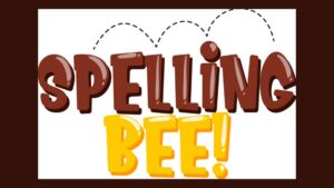 Grafika zawiera kolorowy napis „SPELLING BEE!” przedstawiony w stylu komiksowym i dziecięcym. Tło grafiki jest białe, a wokół niej znajduje się gruba, ciemnobrązowa ramka. Napis jest dwuwierszowy: Pierwszy wiersz – słowo „SPELLING”: Litery są duże, pogrubione, nieregularne w kształcie, lekko pochylone. Mają ciemnobrązowy kolor z jasnymi refleksami imitującymi połysk, co sprawia wrażenie trójwymiarowości. Nad słowem „SPELLING” znajduje się przerywana linia w kolorze czarnym, w formie łuków, które przypominają tor lotu pszczoły. Ta linia zaczyna się nad literą „P” i kończy nad literą „G”. Drugi wiersz – słowo „BEE!”: Litery są równie duże jak w pierwszym wierszu, mają grubszy, bardziej zaokrąglony kształt. Słowo „BEE” i wykrzyknik są w intensywnym żółtym kolorze, z cieniami w odcieniu pomarańczowym, również stylizowane na trójwymiarowe i połyskujące. Wykrzyknik kończący napis wygląda jak żółta kreska z małym żółtym kółkiem na dole. Znaczenie grafiki: Grafika symbolizuje „Spelling Bee” – popularny konkurs literowania słów, często organizowany w szkołach. Kolorystyka i styl graficzny są radosne i przyjazne dzieciom, sugerując, że wydarzenie ma charakter edukacyjny i zabawowy. Całość przekazu graficznego ma na celu wzbudzenie zainteresowania konkursem ortograficznym w przyjaznej i zachęcającej formie.