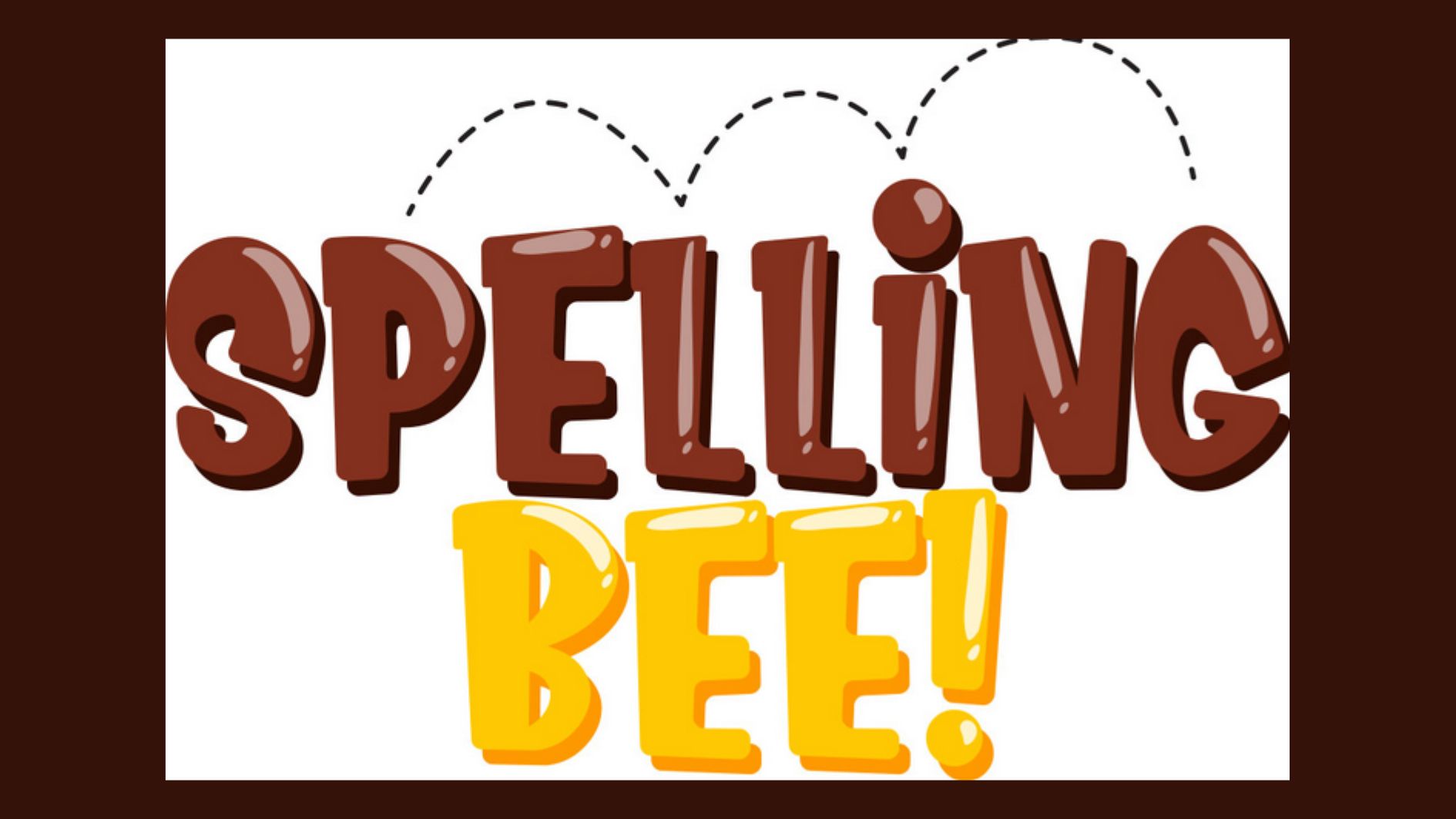 Grafika zawiera kolorowy napis „SPELLING BEE!” przedstawiony w stylu komiksowym i dziecięcym. Tło grafiki jest białe, a wokół niej znajduje się gruba, ciemnobrązowa ramka. Napis jest dwuwierszowy: Pierwszy wiersz – słowo „SPELLING”: Litery są duże, pogrubione, nieregularne w kształcie, lekko pochylone. Mają ciemnobrązowy kolor z jasnymi refleksami imitującymi połysk, co sprawia wrażenie trójwymiarowości. Nad słowem „SPELLING” znajduje się przerywana linia w kolorze czarnym, w formie łuków, które przypominają tor lotu pszczoły. Ta linia zaczyna się nad literą „P” i kończy nad literą „G”. Drugi wiersz – słowo „BEE!”: Litery są równie duże jak w pierwszym wierszu, mają grubszy, bardziej zaokrąglony kształt. Słowo „BEE” i wykrzyknik są w intensywnym żółtym kolorze, z cieniami w odcieniu pomarańczowym, również stylizowane na trójwymiarowe i połyskujące. Wykrzyknik kończący napis wygląda jak żółta kreska z małym żółtym kółkiem na dole. Znaczenie grafiki: Grafika symbolizuje „Spelling Bee” – popularny konkurs literowania słów, często organizowany w szkołach. Kolorystyka i styl graficzny są radosne i przyjazne dzieciom, sugerując, że wydarzenie ma charakter edukacyjny i zabawowy. Całość przekazu graficznego ma na celu wzbudzenie zainteresowania konkursem ortograficznym w przyjaznej i zachęcającej formie.