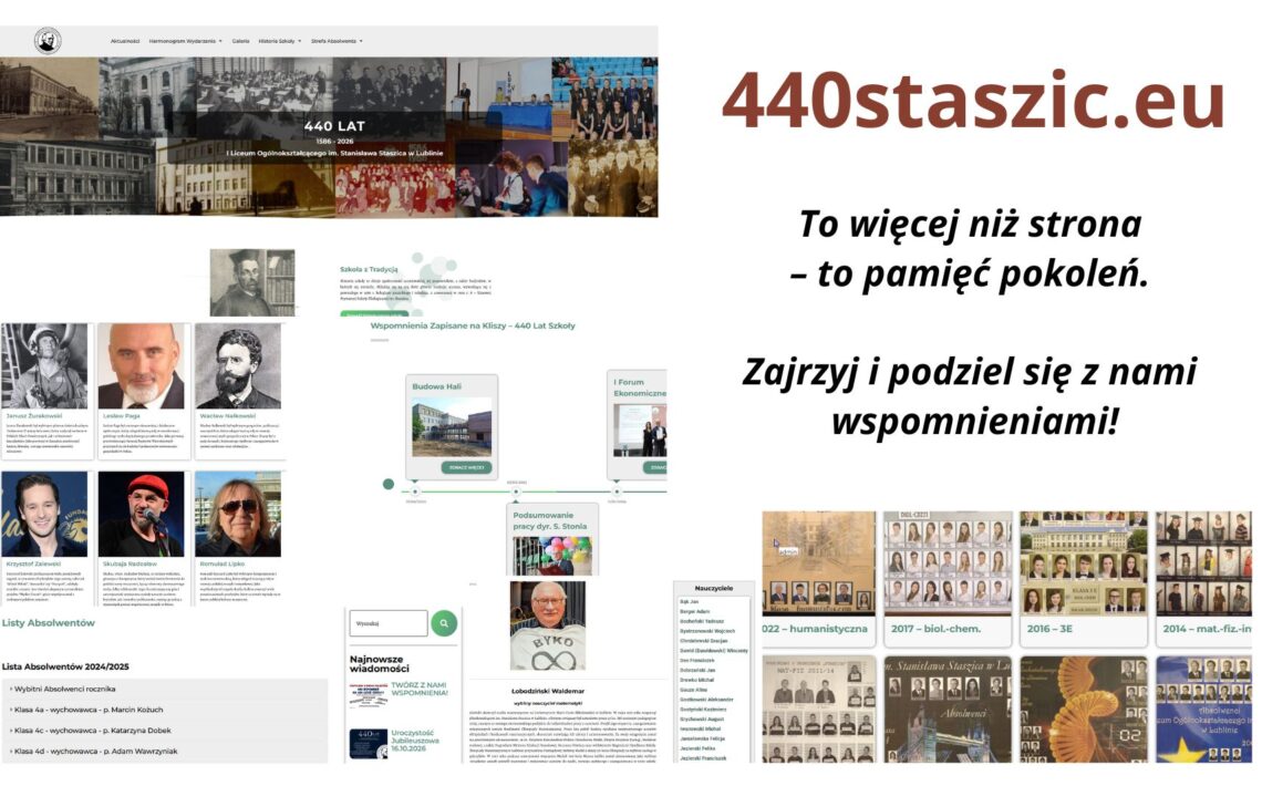Ogólny kontekst: Grafika promuje stronę internetową „440staszic.eu”, która dokumentuje historię i wspomnienia związane z II Liceum Ogólnokształcącym im. Stanisława Staszica w Lublinie. Zawiera zrzuty ekranu z portalu oraz teksty promujące jego zawartość i zachęcające do dzielenia się wspomnieniami. Lewa strona grafiki – układ strony internetowej: Nagłówek strony internetowej: Na górze logo szkoły: okrągłe, czarno-białe, z profilem Stanisława Staszica. Menu główne: „Aktualności”, „Harmonogram Wydarzeń”, „Galeria”, „Historia Szkoły”, „Strefa Absolwenta”. Baner główny strony: Napis: „440 LAT 1586–2026 II Liceum Ogólnokształcące im. Stanisława Staszica w Lublinie”. Tło banera: kolaż historycznych i współczesnych zdjęć szkoły oraz uczniów i nauczycieli z różnych dekad – zdjęcia czarno-białe i kolorowe. Sekcja „Szkoła z Tradycją”: Po lewej portret Stanisława Staszica. Krótki tekst mówiący o tradycji szkoły i wartościach edukacyjnych. Wspomnienia – zapisane na kliszy: Interaktywna linia czasu z miniaturami wydarzeń i tytułami, np.: „Budowa Hali” „I Forum Ekonomiczne” „Podsumowanie pracy dyr. S. Stonia” Prezentacja znanych absolwentów (ze zdjęciami i podpisami): Janusz Żurakowski – pilot myśliwski. Lesław Paga – ekonomista, menedżer. Wacław Nałkowski – geograf i pedagog. Krzysztof Zalewski – muzyk i dziennikarz. Skubas (Radosław Skubaja) – wokalista. Romuald Lipko – muzyk Budki Suflera. Lista Absolwentów 2024/2025: Wybierz rocznik. Klasa 4a – wychowawca p. Marcin Kożuch Klasa 4c – wychowawca p. Katarzyna Dobek Klasa 4d – wychowawca p. Adam Wawryniuk Dodatkowe sekcje informacyjne (kolumna prawa): Najnowsze wiadomości, wyszukiwarka, lista nauczycieli. Zdjęcie Waldemara Łobodzińskiego (starszy mężczyzna z olimpijskimi medalami) – podpis „wybitny nauczyciel wychowania fizycznego”. Prawa strona grafiki – część promocyjna: Nagłówek promocyjny: Duży tekst w kolorze bordowym: „440staszic.eu” Poniżej w czerni: „To więcej niż strona – to pamięć pokoleń.” „Zajrzyj i podziel się z nami wspomnieniami!” Galeria tablic klasowych: Sześć miniatur przedstawiających tablice klasowe z różnych lat: 022 – klasa humanistyczna 2017 – biol.-chem. 2016 – 3E 2014 – mat.-fiz.-inf. Jedna z tablic z ozdobnym tłem z liściem paproci. Kolejna tablica z żółtą gwiazdą na niebieskim tle (możliwe odniesienie do flagi UE). Wnioski końcowe: Grafika jest wizualnym zaproszeniem do odwiedzenia strony 440staszic.eu, która pełni rolę cyfrowego archiwum historii szkoły – zbiera zdjęcia, opowieści, nazwiska absolwentów oraz pamiątki. Ma na celu integrację społeczności szkolnej i zachowanie dziedzictwa dla przyszłych pokoleń.