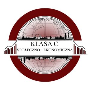 Typ grafiki: Logo / emblemat Zawartość tekstowa na grafice: Na środku: „KLASA C” (napis wielkimi literami, czcionka szeryfowa, pogrubiona) Pod spodem, mniejszymi literami: „SPOŁECZNO – EKONOMICZNA” (również wielkimi literami) Opis ogólny: Grafika ma formę okrągłego emblematu z bardzo rozbudowanym, symbolicznym tłem. Centralnym punktem jest realistyczna kula ziemska z zaznaczonymi kontynentami, szczególnie dobrze widoczna Europa, Azja i Afryka. Na kuli ziemskiej widać kontury siatek geograficznych (równoleżników i południków), nadające efekt trójwymiarowości. Kolorystyka to odcienie szarości i ciemnej czerwieni (burgundowy / bordowy). Opis elementów graficznych: Tło – kula ziemska: Pośrodku znajduje się półprzezroczysta kula ziemska – globus. Kolory to biało-szare tony z bordowym, półprzezroczystym gradientem nakładanym od dołu. Na kuli widoczne są kontury kontynentów oraz linie geograficzne. Obramowanie: Kula ziemska otoczona jest grubą, ciemnoczerwoną obręczą (w kolorze bordowym). Obręcz nie jest pełna – w poziomej części przecięta jest przez prostokątną tabliczkę z napisem. Pas z napisem: Centralnie przez grafikę przebiega biały, poziomy pas z czarnym napisem. W górnej części napisu znajduje się większy tekst: „KLASA C”, a pod nim mniejszy: „SPOŁECZNO – EKONOMICZNA”. Czcionka elegancka, formalna, z delikatnymi szeryfami (przypominająca czcionkę Times New Roman). Sylwetki miasta: Zarówno nad, jak i pod napisem znajdują się czarne sylwetki panoramy miasta – to tzw. skyline. W panoramie widać wieżowce, most, fabrykę, wieże i inne charakterystyczne elementy urbanistyczne. Górna panorama przedstawiona jest normalnie, dolna – jako lustrzane odbicie. Elementy boczne: Po obu stronach napisu widnieją stylizowane, czarne sylwetki budynków miejskich z czerwonymi dachami i detalami, ułożone w sposób symetryczny. Przypominają nowoczesne osiedla lub biurowce. Symbolika i przekaz: Logo reprezentuje klasę o profilu społeczno-ekonomicznym, stąd połączenie symboli: Kuli ziemskiej – globalne spojrzenie, geografia, światowa gospodarka. Panoramy miasta – rozwój cywilizacyjny, urbanizacja, społeczeństwo. Mostu – łączenie ludzi, komunikacja, relacje społeczne. Czerwień – kolor energii, zaangażowania, może też symbolizować ekonomię lub nauki humanistyczne. Przeznaczenie: Logo prawdopodobnie należy do klasy w szkole średniej lub technikum, w której realizowany jest rozszerzony program nauczania z przedmiotów społecznych i ekonomicznych.