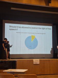 Na scenie, przed dużym ekranem projekcyjnym, stoi trójka młodych ludzi prezentujących slajd zatytułowany: „Should it be allowed to restrict the right of free speech?” (Czy powinno być dozwolone ograniczenie prawa do wolności słowa?). Na środku widnieje wykres kołowy, gdzie 90% odpowiedzi to „No” (nie), a 10% to „Yes” (tak). Prezentujący trzymają mikrofony i notatki. Scena jest drewniana, na jej przodzie przyklejona jest kartka z prośbą w języku niemieckim o porządek.