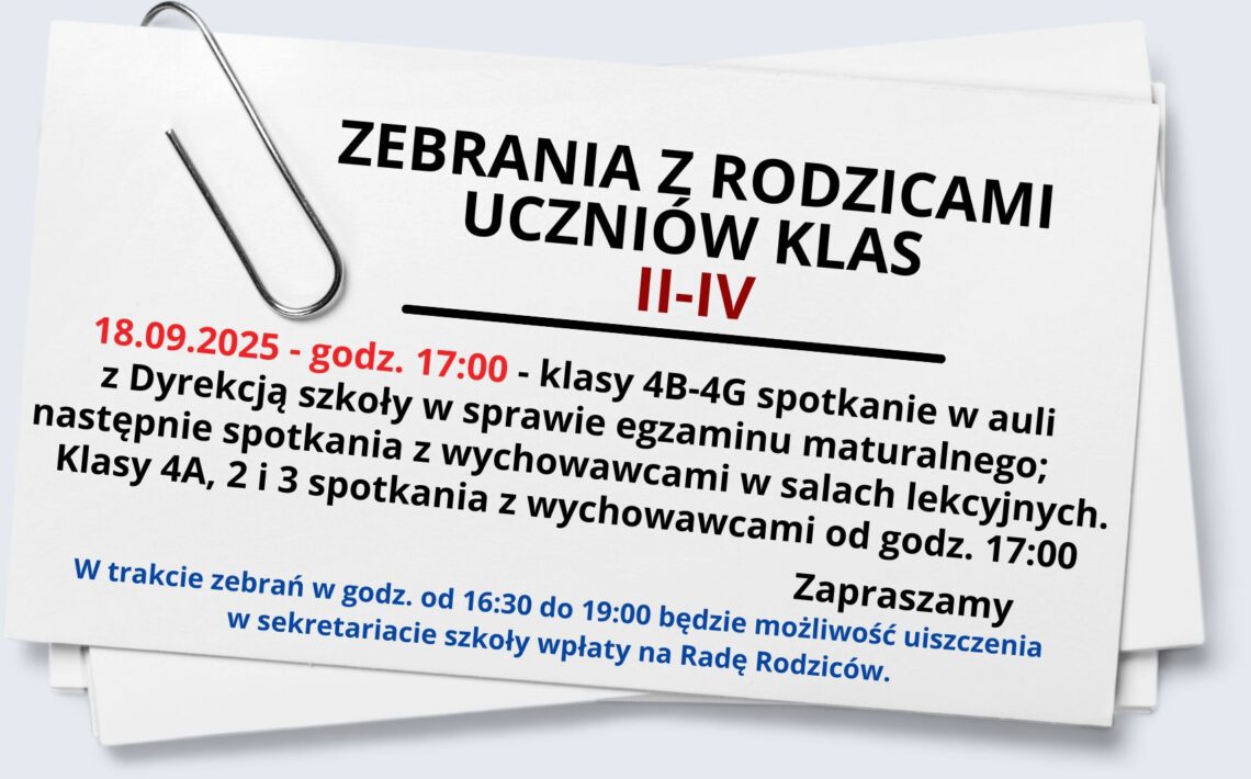Grafika przedstawia białą kartkę papieru lekko przechyloną w prawo. W lewym górnym rogu kartki znajduje się duży metalowy spinacz biurowy. Kartka zawiera ogłoszenie skierowane do rodziców uczniów klas II–IV. Tekst zapisany jest czarną, czerwoną i niebieską czcionką. Tło całej grafiki jest jasnoszare. Treść tekstu na grafice: Nagłówek, pogrubioną czcionką, wyśrodkowany: „ZEBRANIA Z RODZICAMI UCZNIÓW KLAS II–IV” (słowa „II–IV” zapisane czerwonym kolorem). Pod spodem znajduje się szczegółowa informacja: „18.09.2025 – godz. 17:00” (czerwony tekst) – następnie: „klasy 4B–4G spotkanie w auli z Dyrekcją szkoły w sprawie egzaminu maturalnego; następnie spotkania z wychowawcami w salach lekcyjnych.” „Klasy 4A, 2 i 3 spotkania z wychowawcami od godz. 17:00” (tekst czarny). Niżej, w prawym dolnym rogu: „Zapraszamy” – zapisane pogrubioną czcionką. Na dole, mniejszym niebieskim tekstem: „W trakcie zebrań w godz. od 16:30 do 19:00 będzie możliwość uiszczenia w sekretariacie szkoły wpłaty na Radę Rodziców.” Dodatkowe szczegóły wizualne: Kartka wygląda jak przypięta spinaczem do większego stosu papierów, którego fragment jest widoczny pod spodem. Czcionka jest prosta, bez ozdobników, łatwa do odczytania. Najważniejsze informacje (data, godzina, klasy) wyróżniono kolorem czerwonym, a komunikat o Radzie Rodziców – niebieskim.