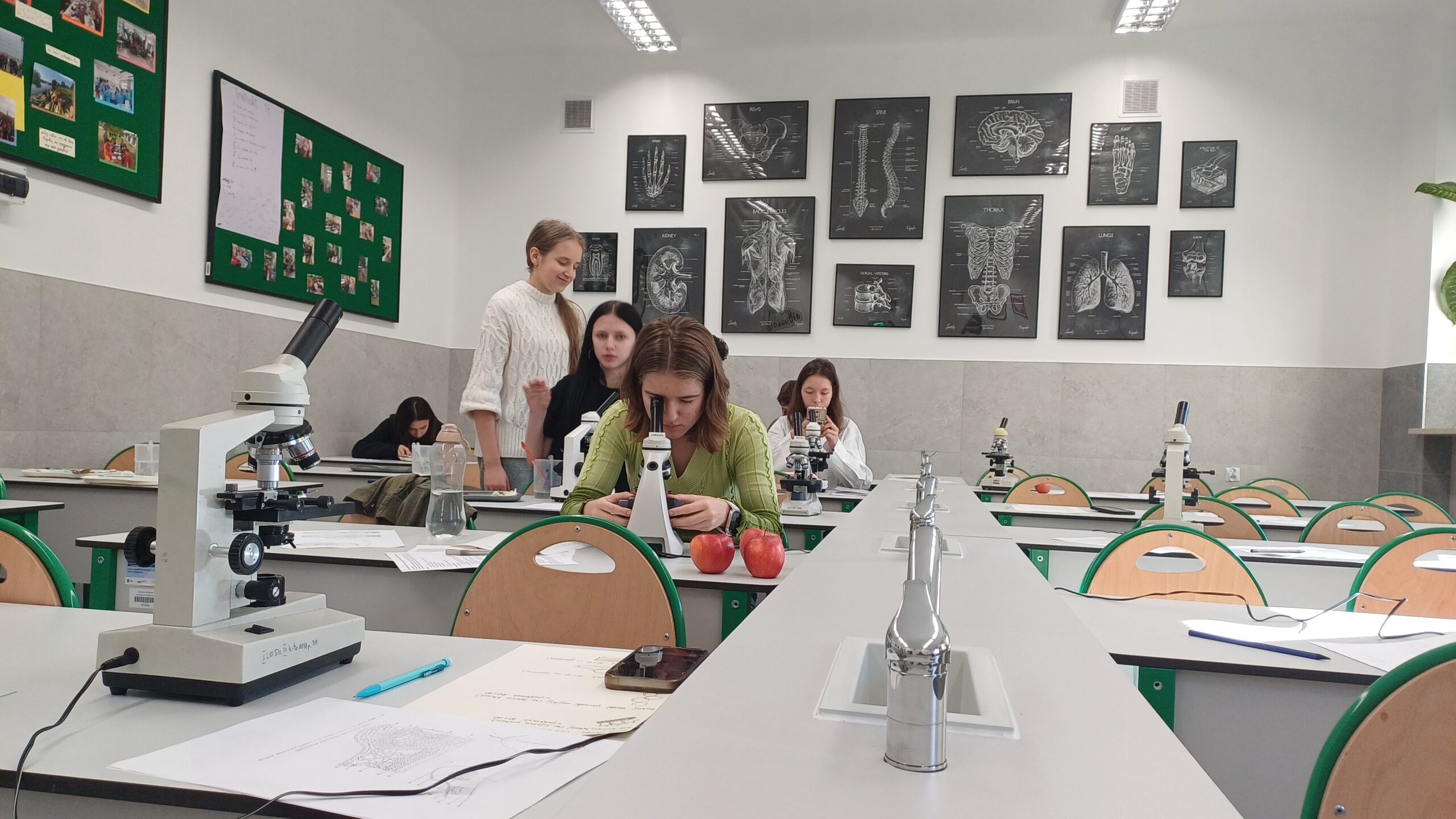 Ta sama sala ujęta z innej perspektywy. W centralnej części dziewczyna w jasnozielonym swetrze pochyla się nad mikroskopem, a obok niej na stole leżą dwa czerwone jabłka. Za nią stoją trzy uczennice rozmawiające; jedna z nich ma biały sweter, druga czarne włosy. W tle kolejne osoby pracują przy mikroskopach. Ściana naprzeciwko ozdobiona jest czarno-białymi planszami anatomicznymi z podpisami: „brain” (mózg), „lungs” (płuca), „thorax” (klatka piersiowa). Pomieszczenie jest dobrze oświetlone światłem jarzeniowym.