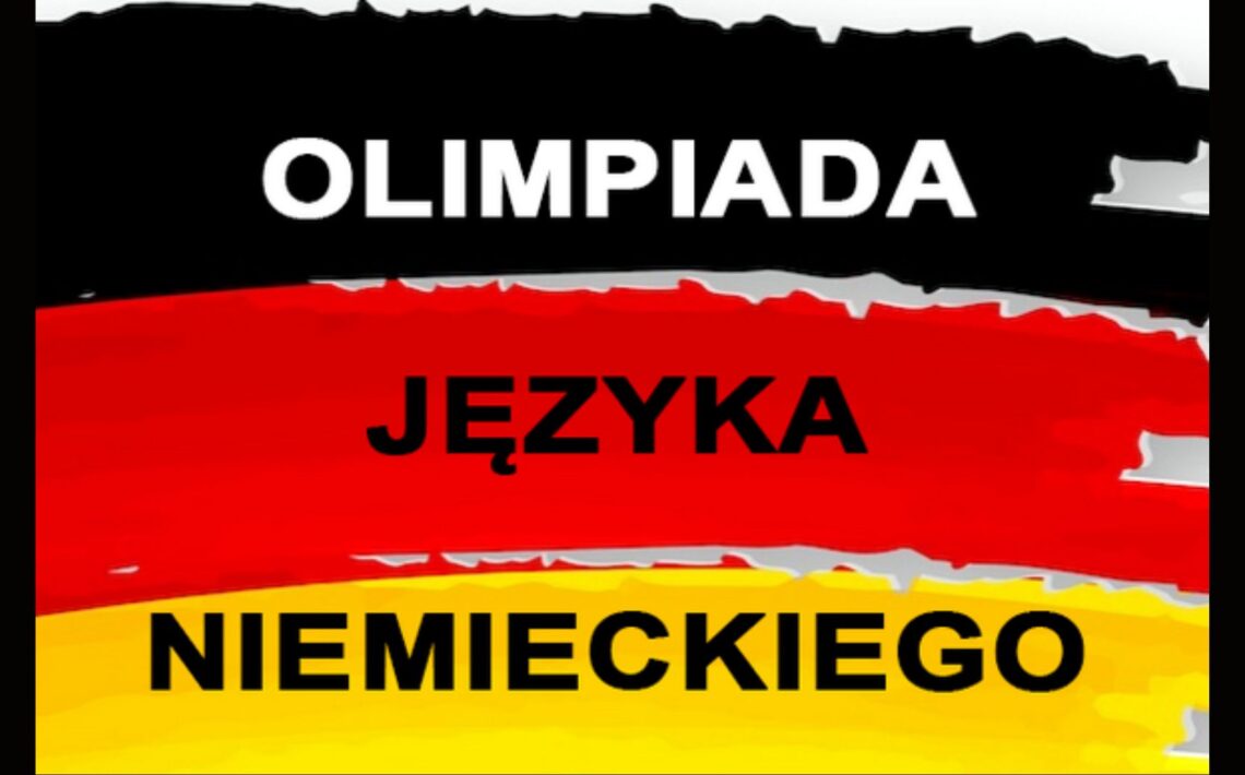 Grafika ma formę prostokątnego plakatu o układzie poziomym. Tło tworzą trzy szerokie, nieregularne pasy w kolorach flagi Niemiec, ułożone poziomo od góry do dołu: – górny pas jest czarny, – środkowy pas czerwony, – dolny pas żółty. Kolory wyglądają jakby zostały nałożone pędzlem lub farbą, z lekko falistymi i nierównymi krawędziami, co nadaje całości artystyczny, ręcznie malowany wygląd. Na tle tych trzech pasów umieszczony jest duży napis w trzech wierszach, wyśrodkowany: W górnej części, na czarnym tle, znajduje się napis „OLIMPIADA” zapisany wielkimi białymi literami pogrubioną czcionką bezszeryfową. W środkowej części, na czerwonym tle, widnieje napis „JĘZYKA” — czarne, duże litery, również pogrubione i bezszeryfowe. W dolnej części, na żółtym tle, umieszczono napis „NIEMIECKIEGO”, w identycznym stylu jak poprzedni — duże, czarne litery, pogrubione i bezszeryfowe. Cały napis brzmi: „OLIMPIADA JĘZYKA NIEMIECKIEGO”. Grafika symbolicznie nawiązuje do języka niemieckiego poprzez użycie barw flagi Niemiec — czarnej, czerwonej i żółtej — oraz treść informującą o olimpiadzie z tego języka. Nie ma na niej żadnych dodatkowych elementów graficznych, postaci ani znaków.