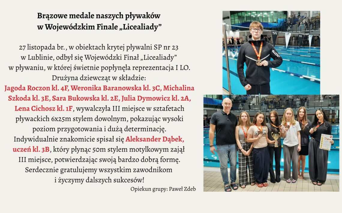 Grafika ma formę poziomego plakatu informacyjnego podzielonego na dwie części: Lewa strona – obszerna część tekstowa z informacją o zawodach pływackich. Prawa strona – dwie zdjęcia z basenu, jedno nad drugim. Tło całej grafiki jest jasne, kremowo-beżowe, co nadaje jej spokojny, szkolny charakter. Opis części tekstowej (lewa część grafiki) Tekst jest zapisany czarną i czerwoną czcionką. Nagłówki są większe i pogrubione. Fragmenty z nazwiskami zawodników wyróżnione są kolorem czerwonym. Nagłówek główny (duża czcionka, pogrubiony): „Brązowe medale naszych pływaków w Wojewódzkim Finale „Licealiady” Druga linijka: „w Wojewódzkim Finale „Licealiady” – również duża, pogrubiona. Treść akapitu (mniejsza, czarna czcionka): Opisuje odbycie zawodów 27 listopada w krytej pływalni SP nr 23 w Lublinie i sukces reprezentacji I LO. Lista zawodniczek (wyróżniona kolorem czerwonym): Jagoda Roczon, kl. 4F Weronika Baranowska, kl. 3C Michalina Szkoda, kl. 3E Sara Bukowska, kl. 2E Julia Dymowicz, kl. 2A Lena Cichosz, kl. 1F Podano, że drużyna zdobyła III miejsce w sztafecie 6×25 m stylem dowolnym. Informacja o zawodniku indywidualnym (również czerwonym): Wyróżnione imię i nazwisko: Aleksander Dąbek, uczeń kl. 3B Zdobył III miejsce w 50 m stylem motylkowym. Zakończenie: Słowa gratulacji: „Serdecznie gratulujemy wszystkim zawodnikom i życzymy dalszych sukcesów!” Na końcu mała linijka informacyjna: „Opiekun grupy: Paweł Zdeb”