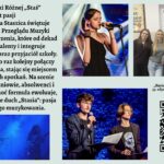 Grafika ma formę szerokiego plakatu informacyjnego o jasnym, pastelowo-zielonym tle. Kompozycja jest podzielona na trzy główne strefy: lewa część to blok tekstu i jedno zdjęcie, prawa część to trzy fotografie oraz kod QR, natomiast górna część zawiera tytuł. CZĘŚĆ GÓRNA – TYTUŁ Na samej górze, wyśrodkowany, znajduje się duży, czarny tytuł pisany ozdobną czcionką: „Przegląd Muzyki Różnej „Staś” – 35 lat pasji” Pod nim mniejszymi literami: „I LO im. Stanisława Staszica świętuje jubileusz 35. edycji Przeglądu Muzyki Różnej „Staś” – wydarzenia, które od dekad promuje młode talenty i integruje społeczność szkolną oraz przyjaciół szkoły.” Po lewej stronie tytułu umieszczone jest małe, okrągłe logo szkoły: biały okrąg z czarną grafiką przedstawiającą popiersie mężczyzny (prawdopodobnie w stylu rzeźby) w otoczeniu napisu, którego nie da się odczytać z powodu małej rozdzielczości. LEWA STRONA – BLOK TEKSTU Poniżej tytułu znajduje się długi akapit tekstu, rozciągający się prawie do połowy wysokości plakatu. Tekst ma formę opisu wydarzenia. Oto jego pełne brzmienie (zgodnie z instrukcją użytkownika): Pełna treść widoczna na grafice: „Tegoroczny „Staś” po raz kolejny połączy różne style i pokolenia, stając się miejscem debiutów i twórczych spotkań. Na scenie zaprezentują się uczniowie, absolwenci i zaproszeni goście. Choć formuła ewoluuje, niezmienny pozostaje duch „Stasia”: pasja i radość wspólnego muzykowania.” LEWA DOLNA CZĘŚĆ – ZDJĘCIE ZESPOŁU Pod tekstem znajduje się szerokie, panoramiczne zdjęcie przedstawiające pięcioosobowy zespół. Opis szczegółowy zdjęcia: Zdjęcie utrzymane jest w ciemnych barwach, z intensywnym niebieskim światłem scenicznym. Widać pięciu młodych wykonawców stojących w rzędzie. Po lewej stronie – gitarzysta grający na elektrycznej gitarze. Obok niego druga osoba grająca na gitarze basowej. W centrum sylwetka perkusisty, nie w pełni widoczna; światło wydobywa tylko fragmenty postaci i zestawu perkusyjnego. Dalej kolejny gitarzysta oraz osoba grająca na instrumentach klawiszowych (niewyraźnie widoczna w tle). W tle unoszą się delikatne, półprzezroczyste grafiki nut, jakby wkomponowane w dym sceniczny. PRAWA STRONA GÓRNA – ZDJĘCIE WOKALISTKI Pierwsze zdjęcie z prawej strony – duże, pionowe. Opis szczegółowy: Jest to ujęcie młodej wokalistki śpiewającej do mikrofonu na scenie. Włosy ma upięte w kok, ubrana jest w elegancką czarną suknię jednoramienną, z jednym odsłoniętym ramieniem. W lewej dłoni trzyma słuchawkę od odsłuchu dousznego, prawą dłoń ma uniesioną w ekspresyjnym geście. Za nią widoczna jest rozmyta, kolorowa scenografia: niebieskie światła, elementy perkusji i statywy. PRAWA STRONA ŚRODKOWA – ZDJĘCIE GRUPOWE W SZKOLE Drugie zdjęcie, mniejsze, kwadratowe. Opis szczegółowy: Zdjęcie przedstawia cztery młode kobiety stojące lub siedzące obok siebie w szkolnym wnętrzu. Po lewej stoją dwie uczennice uśmiechające się do aparatu. Obok nich siedzi kobieta w średnim wieku (prawdopodobnie nauczycielka) w ciemnym, wzorzystym stroju. Po prawej stronie stoi kolejna młoda osoba w czarnej koszulce. W tle widoczny jest duży, metalowy fotel oraz biały plakat z napisem: „Zasiądź na szczycie edukacji – wybierz Staszica!” Na ścianach wiszą niewyraźne zdjęcia i certyfikaty. PRAWA STRONA DOLNA – ZDJĘCIE PROWADZĄCYCH Trzecie zdjęcie – szerokie, prostokątne. Opis szczegółowy: Dwóch młodych mężczyzn stoi na scenie z mikrofonami. Obaj ubrani elegancko: marynarki, koszule; jeden z nich ma okulary. Trzymają w rękach kartki i segregator – wygląda to jak prowadzenie koncertu lub zapowiadanie kolejnych artystów. Tło zbudowane jest z ceglanej ściany podświetlonej intensywnym niebieskim światłem. PRAWA STRONA – TEKST PRZY KODZIE QR Nad kodem widnieje tekst: „Kurier Lubelski” pisze o jubileuszowej, 35. edycji „Stasia” – zachęcamy do lektury! PRAWA DOLNA CZĘŚĆ – KOD QR Duży, wyraźny kod QR umieszczony w prawym dolnym rogu. Nie ma podpisu opisującego dokąd prowadzi.