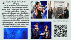 Grafika ma formę szerokiego plakatu informacyjnego o jasnym, pastelowo-zielonym tle. Kompozycja jest podzielona na trzy główne strefy: lewa część to blok tekstu i jedno zdjęcie, prawa część to trzy fotografie oraz kod QR, natomiast górna część zawiera tytuł.

CZĘŚĆ GÓRNA – TYTUŁ

Na samej górze, wyśrodkowany, znajduje się duży, czarny tytuł pisany ozdobną czcionką:

„Przegląd Muzyki Różnej „Staś” – 35 lat pasji”
Pod nim mniejszymi literami:
„I LO im. Stanisława Staszica świętuje jubileusz 35. edycji Przeglądu Muzyki Różnej „Staś” – wydarzenia, które od dekad promuje młode talenty i integruje społeczność szkolną oraz przyjaciół szkoły.”

Po lewej stronie tytułu umieszczone jest małe, okrągłe logo szkoły: biały okrąg z czarną grafiką przedstawiającą popiersie mężczyzny (prawdopodobnie w stylu rzeźby) w otoczeniu napisu, którego nie da się odczytać z powodu małej rozdzielczości.

LEWA STRONA – BLOK TEKSTU

Poniżej tytułu znajduje się długi akapit tekstu, rozciągający się prawie do połowy wysokości plakatu. Tekst ma formę opisu wydarzenia. Oto jego pełne brzmienie (zgodnie z instrukcją użytkownika):

Pełna treść widoczna na grafice:

„Tegoroczny „Staś” po raz kolejny połączy różne style i pokolenia, stając się miejscem debiutów i twórczych spotkań. Na scenie zaprezentują się uczniowie, absolwenci i zaproszeni goście. Choć formuła ewoluuje, niezmienny pozostaje duch „Stasia”: pasja i radość wspólnego muzykowania.”

LEWA DOLNA CZĘŚĆ – ZDJĘCIE ZESPOŁU

Pod tekstem znajduje się szerokie, panoramiczne zdjęcie przedstawiające pięcioosobowy zespół.

Opis szczegółowy zdjęcia:

Zdjęcie utrzymane jest w ciemnych barwach, z intensywnym niebieskim światłem scenicznym.

Widać pięciu młodych wykonawców stojących w rzędzie.

Po lewej stronie – gitarzysta grający na elektrycznej gitarze.

Obok niego druga osoba grająca na gitarze basowej.

W centrum sylwetka perkusisty, nie w pełni widoczna; światło wydobywa tylko fragmenty postaci i zestawu perkusyjnego.

Dalej kolejny gitarzysta oraz osoba grająca na instrumentach klawiszowych (niewyraźnie widoczna w tle).

W tle unoszą się delikatne, półprzezroczyste grafiki nut, jakby wkomponowane w dym sceniczny.

PRAWA STRONA GÓRNA – ZDJĘCIE WOKALISTKI

Pierwsze zdjęcie z prawej strony – duże, pionowe.

Opis szczegółowy:

Jest to ujęcie młodej wokalistki śpiewającej do mikrofonu na scenie.

Włosy ma upięte w kok, ubrana jest w elegancką czarną suknię jednoramienną, z jednym odsłoniętym ramieniem.

W lewej dłoni trzyma słuchawkę od odsłuchu dousznego, prawą dłoń ma uniesioną w ekspresyjnym geście.

Za nią widoczna jest rozmyta, kolorowa scenografia: niebieskie światła, elementy perkusji i statywy.

PRAWA STRONA ŚRODKOWA – ZDJĘCIE GRUPOWE W SZKOLE

Drugie zdjęcie, mniejsze, kwadratowe.

Opis szczegółowy:

Zdjęcie przedstawia cztery młode kobiety stojące lub siedzące obok siebie w szkolnym wnętrzu.

Po lewej stoją dwie uczennice uśmiechające się do aparatu.

Obok nich siedzi kobieta w średnim wieku (prawdopodobnie nauczycielka) w ciemnym, wzorzystym stroju.

Po prawej stronie stoi kolejna młoda osoba w czarnej koszulce.

W tle widoczny jest duży, metalowy fotel oraz biały plakat z napisem:
„Zasiądź na szczycie edukacji – wybierz Staszica!”

Na ścianach wiszą niewyraźne zdjęcia i certyfikaty.

PRAWA STRONA DOLNA – ZDJĘCIE PROWADZĄCYCH

Trzecie zdjęcie – szerokie, prostokątne.

Opis szczegółowy:

Dwóch młodych mężczyzn stoi na scenie z mikrofonami.

Obaj ubrani elegancko: marynarki, koszule; jeden z nich ma okulary.

Trzymają w rękach kartki i segregator – wygląda to jak prowadzenie koncertu lub zapowiadanie kolejnych artystów.

Tło zbudowane jest z ceglanej ściany podświetlonej intensywnym niebieskim światłem.

PRAWA STRONA – TEKST PRZY KODZIE QR

Nad kodem widnieje tekst:

„Kurier Lubelski” pisze o jubileuszowej, 35. edycji „Stasia” – zachęcamy do lektury!

PRAWA DOLNA CZĘŚĆ – KOD QR

Duży, wyraźny kod QR umieszczony w prawym dolnym rogu. Nie ma podpisu opisującego dokąd prowadzi.