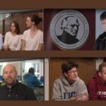 Obraz jest dużą, poziomą grafiką podzieloną na cztery prostokątne kadry, ułożone w dwóch rzędach po dwa kadry. Tło, na którym znajdują się kadry, jest jednolicie brązowe. Każdy kadr pochodzi z materiału telewizyjnego TVP3 Lublin – w prawym górnym rogu części ujęć widać logo „TVP3 LUBLIN” oraz ikonę białego koła z małą zębatką w środku (symbol ustawień kamery). W lewym górnym i lewym dolnym kadrze po skosie, żółtym, odręcznym pismem znajduje się tekst: „Staszyc to dla mnie…” Kadr 1 – lewy górny róg Scena z trzema uczennicami siedzącymi na ławce Kadr przedstawia trzy nastoletnie uczennice siedzące obok siebie na ławce w szkolnym korytarzu. Ujęcie jest jasne i naturalnie oświetlone – za ich plecami znajduje się duże, przeszklone wejście lub hol z jasnymi ścianami, przez które wpada dzienne światło. Tło i otoczenie: Po lewej stronie widać otwarte przestronne miejsce z białymi ścianami i przeszklonymi drzwiami prowadzącymi na zewnątrz lub do innego skrzydła szkoły. Podłoga jasna, odbijająca światło. Za uczennicami drewniana boazeria w ciepłym odcieniu. Wygląd uczennic: Uczennica po lewej Siedzi lekko pochylona w przód. Ma jasną cerę i długie, proste włosy w odcieniu blond wpadającym w popiel. Ubrana w jasnoniebieską, długą bluzę lub sweter z długimi rękawami. Ręce trzyma na kolanach. Uczennica pośrodku Ma średniej długości brązowe włosy, proste, z przedziałkiem. Ubrana w jasny, kremowo-biały sweter bez wzorów. Jej postawa jest swobodna, dłonie trzyma na udach. Twarz w delikatnym uśmiechu. Uczennica po prawej Włosy ciemnobrązowe, spięte w luźny kok. Nosi białą, prostą koszulkę z krótkim rękawem. Ma okulary w cienkich oprawkach. Lekko odwraca głowę w stronę koleżanek, uśmiechnięta. Dodatkowy element: U góry po przekątnej, żółty napis o miękkich, zaokrąglonych literach: „Staszyc to dla mnie…” Kadr 2 – prawy górny róg Scena z mężczyzną wypowiadającym się przed kamerą Po lewej stronie widać duże, okrągłe logo szkoły na bordowym tle. Po prawej – mężczyznę udzielającego wypowiedzi. Logo szkoły (opis graficzny): Jest to okrąg z białym środkiem, obramowany czarną i złotą linią. W środku znajduje się czarny profil starszego mężczyzny – broda, nos, włosy ukazane w stylizowanym, lekko graficznym rysunku. W otoku widnieje napis: „I LICEUM OGÓLNOKSZTAŁCĄCE IM. STANISŁAWA STASZICA W LUBLINIE” Mężczyzna po prawej stronie: Wygląda na około 40–55 lat. Ma krótkie, ciemne włosy, lekko potargane. Twarz jasna, bez zarostu. Ma na sobie ciemną bluzę z kapturem i czarną koszulkę pod spodem. Patrzy w stronę kamery, usta uchylone jakby był w trakcie wypowiedzi. Tło: Za mężczyzną jednolita niebieskoszara ściana. W prawym górnym rogu logo „TVP3 LUBLIN” oraz ikona zębatki. Kadr 3 – lewy dolny róg Scena z mężczyzną na tle sali komputerowej To ujęcie przedstawia dorosłego mężczyznę siedzącego lub stojącego blisko kamery, podczas gdy za nim uczniowie pracują przy komputerach. Postać na pierwszym planie: Mężczyzna jest łysy, z krótkim zarostem. Ubrany w ciemną koszulę zapinaną na guziki. Wyraz twarzy spokojny, lekko uśmiechnięty. Patrzy prosto w kamerę. Tło i sala: Klasa komputerowa. Na zielonych krzesłach siedzą uczniowie pracujący przy laptopach. Widzimy kilku nastolatków, choć nie widać ich twarzy wyraźnie – są odwróceni tyłem lub bokiem. Ściany jasne, okna duże z białymi ramami. Dodatkowy napis: Tak jak w pierwszym kadrze, po skosie znajduje się żółty tekst: „Staszyc to dla mnie…” W górnym prawym rogu widoczne logo „TVP3 LUBLIN” oraz ikona zębatki. Kadr 4 – prawy dolny róg Dwóch uczniów siedzących obok siebie w szkolnym korytarzu Obaj wyglądają na nastolatków, siedzą bokiem do kamery, zwróceni nieco w swoją stronę – jak w trakcie rozmowy. Uczeń po lewej stronie: Ma krótkie, ciemne włosy. W okularach o cienkich oprawkach. Ubrany w jasnoszarą bluzę z niebieskim nadrukiem: „ILO”. Gestykuluje obiema rękami, co sugeruje, że mówi. Uczeń po prawej stronie: Ma krótsze, bardzo jasne blond włosy. Ubrany w bordową lub ciemnoczerwoną bluzę z białym napisem: „STASZIC” (pod spodem drobniejsze litery, trudne do odczytania w kadrze). Patrzy w dół, z lekkim uśmiechem, jakby słuchał kolegi. Tło korytarza: Drewniana boazeria. Jasne podłogi. W oddali widać innych uczniów chodzących korytarzem, jednolita szkolna atmosfera. W górnym rogu ponownie logo TVP3 i ikonka zębatki.