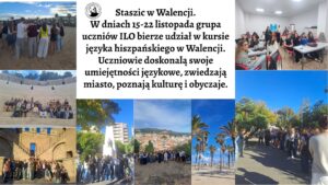 Grafika składa się z dziewięciu zdjęć ułożonych wokół dużego, centralnego bloku tekstu. Kolaż ma formę prostokąta w orientacji poziomej. 1. Centralny blok tekstu (środek grafiki) Na białym tle, czarną, elegancką czcionką znajduje się tekst: „Staszic w Walencji. W dniach 15–22 listopada grupa uczniów ILO bierze udział w kursie języka hiszpańskiego w Walencji. Uczniowie doskonalą swoje umiejętności językowe, zwiedzają miasto, poznają kulturę i obyczaje.” Nad tekstem, po lewej stronie, znajduje się czarno-biały okrągły logotyp z wizerunkiem mężczyzny (stylizowanego, graficznego portretu), z napisem biegnącym wokół okręgu. Napis nie jest dokładnie czytelny na obrazie. Opis poszczególnych zdjęć (zgodnie z ich pozycją w kolażu) 2. Zdjęcie górne lewe – uczniowie na plaży (poziome) Grupa około 30–35 młodych osób stoi na piaszczystej plaży, tyłem do aparatu. Sylwetki są różnorodne – krótkie i długie włosy, jasne, ciemne, w różnych ubraniach: jeansy, bluzy, T-shirty, jasne i pastelowe kolory. Przed nimi widać morze i szeroką linię brzegową. Dalej – rząd palm i białe budynki kurortowe. Niebieskie niebo z lekkimi chmurami. Uczniowie wydają się słuchać instruktora lub robić ćwiczenie językowe. 3. Zdjęcie górne prawe – sala lekcyjna (poziome) Niewielka prostokątna sala z białymi ścianami i jasnym sufitem z oświetleniem LED. W środku sitter ok. 15–18 uczniów siedzących przy stołach – kobiety i mężczyźni, w wieku szkolnym, w zwykłych ubraniach. Stoły są białe, krzesła czerwono-czarne. W tle plakat z napisem „València” oraz logo szkoły językowej. Atmosfera szkolna. 4. Zdjęcie środkowe lewe – amfiteatr (poziome) Duża grupa – około 40 uczniów – siedzi na jasnych kamiennych stopniach amfiteatru na świeżym powietrzu. Amfiteatr wykonany z beżowego kamienia, wysoki, półkolisty, z murami i widocznymi przejściami w górnej części. Uczniowie siedzą stopniowo, jedni blisko, inni wyżej. Niektórzy trzymają plecaki. Nad nimi fragment zielonych drzew i czyste niebo. 5. Zdjęcie środkowe – drzewo i pomnik (pionowe) W kadrze widoczny duży, okrągły plac otoczony zielenią. Na pierwszym planie z lewej – rozłożyste drzewo z dużą ilością żółto-zielonych liści. W centrum – jasny, marmurowy pomnik w formie wysokiego, prostego postumentu, na którym stoi ciemna, metalowa figura przedstawiająca mężczyznę w długim płaszczu. Przed pomnikiem stoi grupa uczniów, część robi zdjęcia. W tle widać jasne budynki mieszkalne. 6. Zdjęcie środkowe prawe – panorama miasta (pionowe) Grupa uczniów stoi na kamiennej platformie widokowej. Za nimi rozpościera się szeroka panorama Walencji lub okolic – gęste zabudowania o jasnych kolorach, pomarańczowe dachy, wzgórza i jasne niebo. Uczniowie stoją w rzędzie, niektórzy robią zdjęcia telefonami. 7. Zdjęcie dolne lewe – zabytkowa brama z murami (poziome) Na zdjęciu widać dużą, jasnobeżową, kamienną bramę z wysokimi murami obronnymi. Po obu stronach bramy znajdują się szerokie, symetryczne schody prowadzące na mury. Pod bramą zgromadzona jest duża grupa uczniów pozujących do zdjęcia. W tle jasne niebo. 8. Zdjęcie dolne środkowe – bulwar palmowy (pionowe) Szeroka alejka biegnąca wzdłuż morza lub promenady. Po obu stronach rosną wysokie palmy, równomiernie rozmieszczone. Niebo jest bardzo niebieskie, z kilkoma białymi chmurami. Na horyzoncie widać plażę i nieliczne osoby. 9. Zdjęcie dolne prawe – uczniowie w parku (poziome) Uczniowie stoją w długiej grupie na alejce w parku. Na lewo od nich instruktorka lub przewodniczka wykonuje gest ręką, jakby tłumaczyła lub pokazywała coś. Wokół dużo zieleni – palmy, niskie krzewy, drzewa z żółtymi liśćmi. Niebo czyste i błękitne. Podsumowanie charakteru całej grafiki Całość prezentuje kolaż zdjęć z wyjazdu edukacyjnego do Walencji, pokazujący: zajęcia w sali językowej, zwiedzanie miasta, zdjęcia grupowe w zabytkowych miejscach, krajobrazy – plaże, palmy, panorama miasta, aktywności edukacyjne i kulturalne. Grafika jest jasna, pogodna, kolorowa, pełna słońca i przestrzeni.