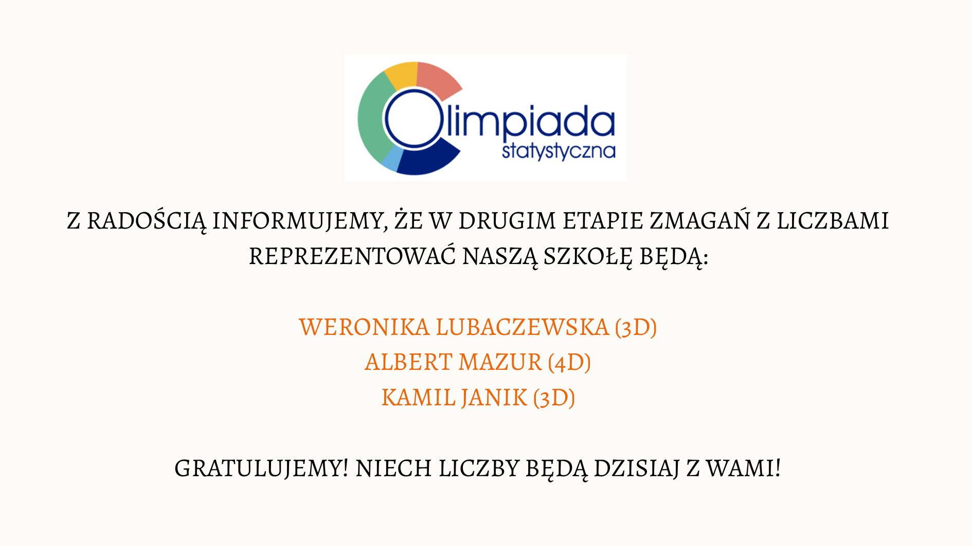 Grafika ma formę prostokątnego plakatu o jasnym, kremowym tle. Wszystkie elementy są wyśrodkowane w pionie i poziomie. Nagłówek – logo Olimpiady Statystycznej Na górze znajduje się logo „Olimpiada Statystyczna”. Logo składa się z następujących elementów: Po lewej stronie widoczny jest okrąg, którego obwód tworzą cztery kolorowe segmenty. Każdy segment ma taki sam kształt – przypomina ćwiartkę koła. Kolory segmentów ułożone zgodnie z ruchem wskazówek zegara: Górny segment: czerwony. Prawy segment: granatowy. Dolny segment: ciemnoniebieski. Lewy segment: zielony. Wewnątrz okręgu znajduje się cienki, niebieski okrąg tworzący literę „O”. Na prawo od okręgu widnieje napis: duże słowo „Olimpiada” w ciemnoniebieskim kolorze, zapisane małymi literami lecz w dużym, czytelnym kroju, pod nim mniejszym fontem napis „statystyczna”. Treść główna Poniżej logo, na środku grafiki, umieszczony jest tekst informacyjny w ciemnym, eleganckim kroju pisma: „Z radością informujemy, że w drugim etapie zmagań z liczbami reprezentować naszą szkołę będą:” Tekst jest napisany wielkimi literami. Lista zakwalifikowanych uczniów Niżej, również wyśrodkowane, znajdują się trzy nazwiska. Są zapisane większym fontem i w pomarańczowym kolorze: WERONIKA LUBACZEWSKA (3D) ALBERT MAZUR (4D) KAMIL JANIK (3D) Zakończenie komunikatu Na dole, w czarnym kolorze i wielkimi literami, znajduje się zdanie: „GRATULUJEMY! NIECH LICZBY BĘDĄ DZISIAJ Z WAMI!” Tekst jest wycentrowany i zajmuje szerokość około połowy grafiki.
