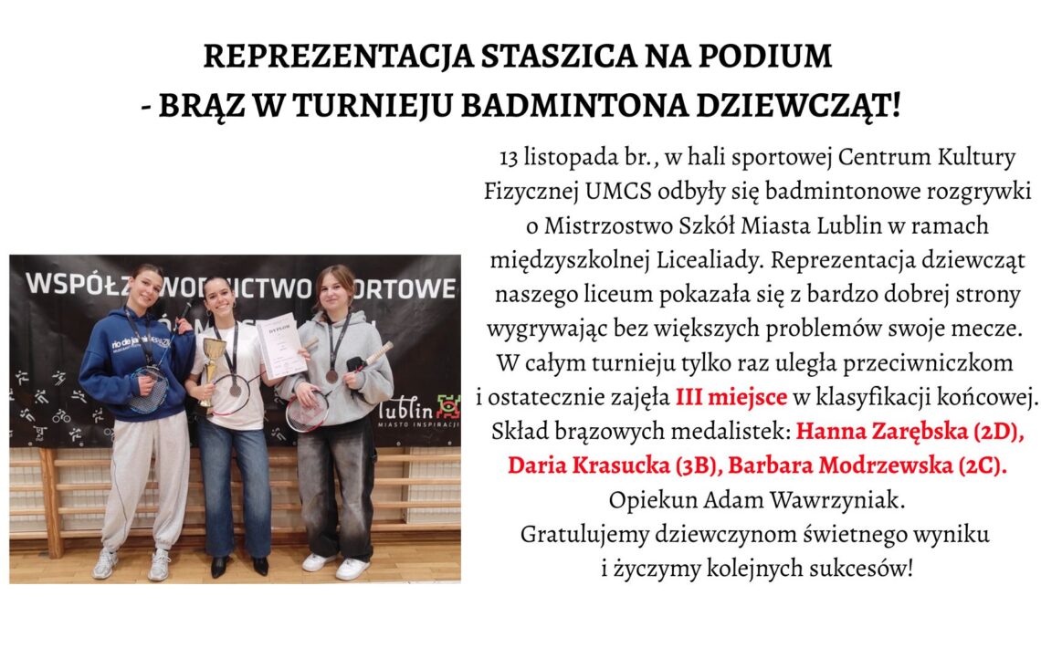 Nagłówek główny – wyśrodkowany, duży, czarny: „REPREZENTACJA STASZICA NA PODIUM – BRĄZ W TURNIEJU BADMINTONA DZIEWCZĄT!” Tekst właściwy – po prawej stronie plakatu: Tekst jest w klasycznej czcionce szeryfowej. Zawiera informację o wydarzeniu sportowym. Fragmenty „III miejsce” oraz nazwiska medalistek zapisane są w czerwonym kolorze dla podkreślenia. Treść: „13 listopada br., w hali sportowej Centrum Kultury Fizycznej UMCS odbyły się badmintonowe rozgrywki o Mistrzostwo Szkół Miasta Lublin w ramach międzyszkolnej Licealiady. Reprezentacja dziewcząt naszego liceum pokazała się z bardzo dobrej strony wygrywając bez większych problemów swoje mecze. W całym turnieju tylko raz uległa przeciwniczkom i ostatecznie zajęła III miejsce w klasyfikacji końcowej. Skład brązowych medalistek: Hanna Zarębska (2D), Daria Krasucka (3B), Barbara Modrzewska (2C). Opiekun Adam Wawrzyniak. Gratulujemy dziewczynom świetnego wyniku i życzymy kolejnych sukcesów!” 📸 Opis zdjęcia – lewa połowa plakatu Zdjęcie przedstawia trzy nastoletnie dziewczyny, stojące obok siebie, uśmiechnięte, pozujące po zakończonych zawodach badmintonowych. Każda z nich ma na szyi medal, a w dłoniach trzyma sprzęt sportowy lub dyplom. Tło zdjęcia Za dziewczętami widać czarny baner z białymi napisami wielkimi literami: „WSPÓŁZAWODNICTWO SPORTOWE MIASTA LUBLIN”. W dolnej części banera znajdują się białe piktogramy przedstawiające różne dyscypliny sportowe. Pod banerem widoczna jest drewniana ściana sali gimnastycznej – prawdopodobnie drabinki. Fotografia wykonana jest w hali sportowej, podłoga jasna, drewniana. 👧 Opis postaci od lewej do prawej 1. Dziewczyna po lewej Wzrost średni, postura szczupła. Włosy ciemne, związane z tyłu w niski kucyk. Ubrana w granatową, luźną bluzę z białym napisem, jasnoszare, szerokie spodnie dresowe i białe sportowe buty. Na szyi ma medal brązowy. W prawej ręce trzyma rakietę do badmintona, w lewej prawdopodobnie końcówkę zawieszki medalu. Uśmiecha się lekko. 2. Dziewczyna w środku Szczupła, włosy ciemne, związane w kucyk. Ubrana w białą bluzę z długim rękawem, ciemne dżinsy i czarne buty. Na szyi również ma medal. W lewej ręce trzyma złoty puchar sportowy z szeroką podstawą. W prawej – biały dyplom. Stoi z szerokim, radosnym uśmiechem. 3. Dziewczyna po prawej Wzrost średni, figura szczupła. Włosy jasne, proste, rozpuszczone do ramion. Ubrana w jasnoszarą bluzę z kieszenią z przodu, czarne dresowe spodnie oraz sportowe buty. Na szyi zawieszony brązowy medal. W prawej ręce trzyma rakietę do badmintona, w lewej – drugi medal lub element zestawu (nie w pełni widoczny). Uśmiecha się delikatnie.