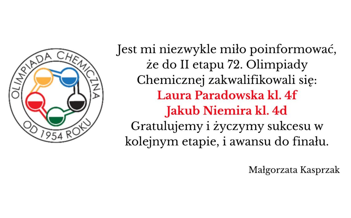 Grafika informacyjna z logo Olimpiady Chemicznej oraz tekstem ogłoszenia o zakwalifikowaniu Laury Paradowskiej (kl. 4f) i Jakuba Niemiry (kl. 4d) do II etapu 72. Olimpiady Chemicznej, z gratulacjami i podpisem Małgorzaty Kasprzak.