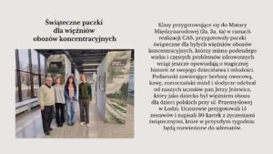 Grafika składa się z tytułu, zdjęcia oraz tekstu informacyjnego. Po lewej stronie widnieje tytuł: „Świąteczne paczki dla więźniów obozów koncentracyjnych”. Pod nim znajduje się zdjęcie czterech osób stojących w jasnym holu muzealnym, obok paneli wystawy o pamięci Majdanka. Od lewej: starszy mężczyzna w jasnym swetrze, obok niego dwie młode dziewczyny (jedna w szarej bluzie, druga w granatowej kurtce z różowym szalikiem), a po prawej młody chłopak w zielonej bluzie. Po prawej stronie grafiki znajduje się blok tekstu informujący, że uczniowie klas IB przygotowali świąteczne paczki i kartki dla byłych więźniów obozów koncentracyjnych, a dary odebrał pan Jerzy Jeżewicz — były więzień obozu dla dzieci w Łodzi.