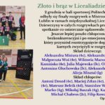 Grafika podzielona na część tekstową i dwa zdjęcia drużynowe. Po prawej stronie znajduje się tekst o sukcesie sportowym Staszica: dziewczęta zdobyły brąz, chłopcy złoto w Mistrzostwach Szkół Miasta Lublin w unihokeju. Wymieniono pełne składy obu zespołów. Pod zdjęciami widoczne są tabliczki z numerami miejsc – „1” przy drużynie chłopców oraz „3” przy drużynie dziewcząt. Na zdjęciach stoją zawodniczki i zawodnicy wraz z trenerem, trzymając puchary i dyplomy.