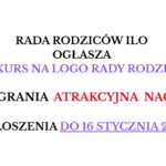 Na białym tle umieszczony jest wyłącznie tekst, zapisany dużą czcionką w kilku kolorach. Treść przedstawia ogłoszenie o konkursie: „RADA RODZICÓW ILO OGŁASZA” – tekst czarny, wyśrodkowany. „KONKURS NA LOGO RADY RODZICÓW” – tekst fioletowy, wyśrodkowany. „DO WYGRANIA ATRAKCYJNA NAGRODA!” – słowa „DO WYGRANIA” są czarne, a „ATRAKCYJNA NAGRODA!” czerwone, całość wyśrodkowana. „ZGŁOSZENIA DO 16 STYCZNIA 2026” – tekst czarny, natomiast „DO 16 STYCZNIA 2026” jest fioletowe i podkreślone. Obraz nie zawiera żadnych dodatkowych grafik, ilustracji ani elementów dekoracyjnych – wyłącznie tekst w różnych kolorach.