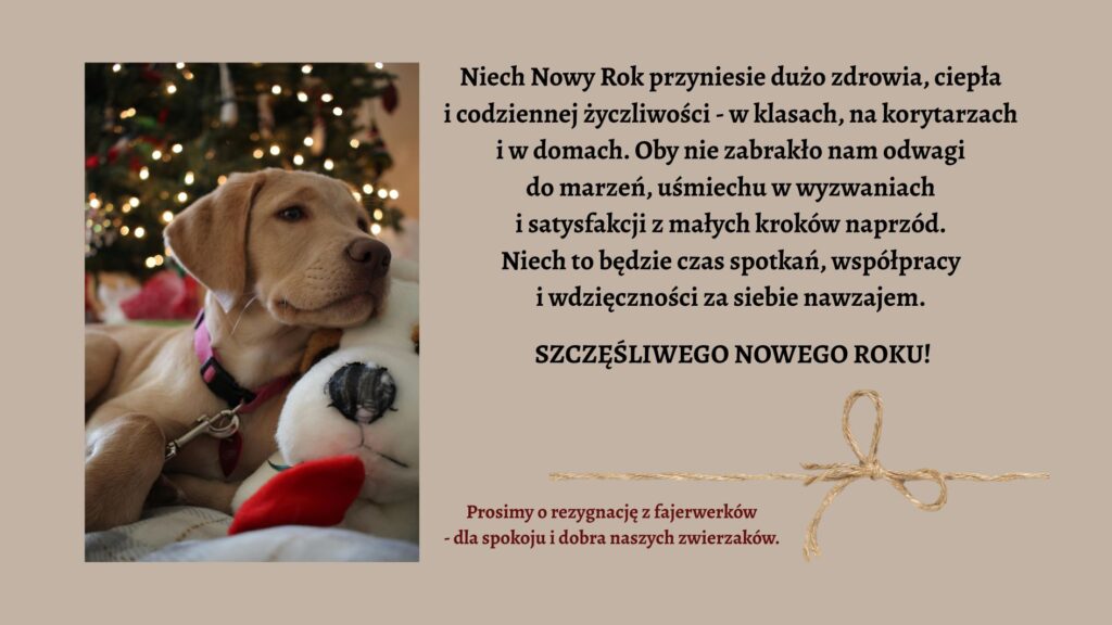 Na jasnobeżowym tle po lewej stronie znajduje się zdjęcie jasnego szczeniaka labradora leżącego przy choince z zapalonymi, ciepłymi lampkami. Pies opiera głowę na białej pluszowej zabawce i wygląda spokojnie. Po prawej stronie umieszczono noworoczne życzenia w języku polskim, zakończone dużym napisem „Szczęśliwego Nowego Roku!”. Na dole widoczna jest prośba o rezygnację z fajerwerków dla dobra zwierząt oraz dekoracyjna grafika sznurka z kokardą.