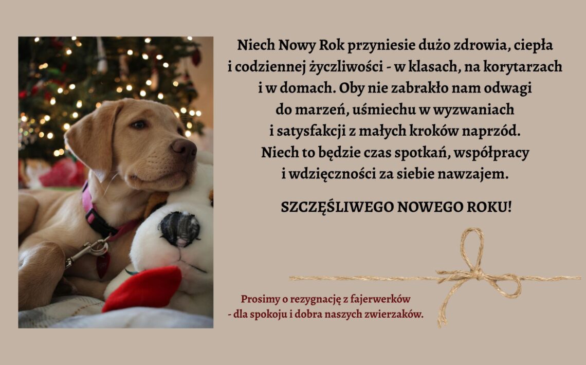 Na jasnobeżowym tle po lewej stronie znajduje się zdjęcie jasnego szczeniaka labradora leżącego przy choince z zapalonymi, ciepłymi lampkami. Pies opiera głowę na białej pluszowej zabawce i wygląda spokojnie. Po prawej stronie umieszczono noworoczne życzenia w języku polskim, zakończone dużym napisem „Szczęśliwego Nowego Roku!”. Na dole widoczna jest prośba o rezygnację z fajerwerków dla dobra zwierząt oraz dekoracyjna grafika sznurka z kokardą.