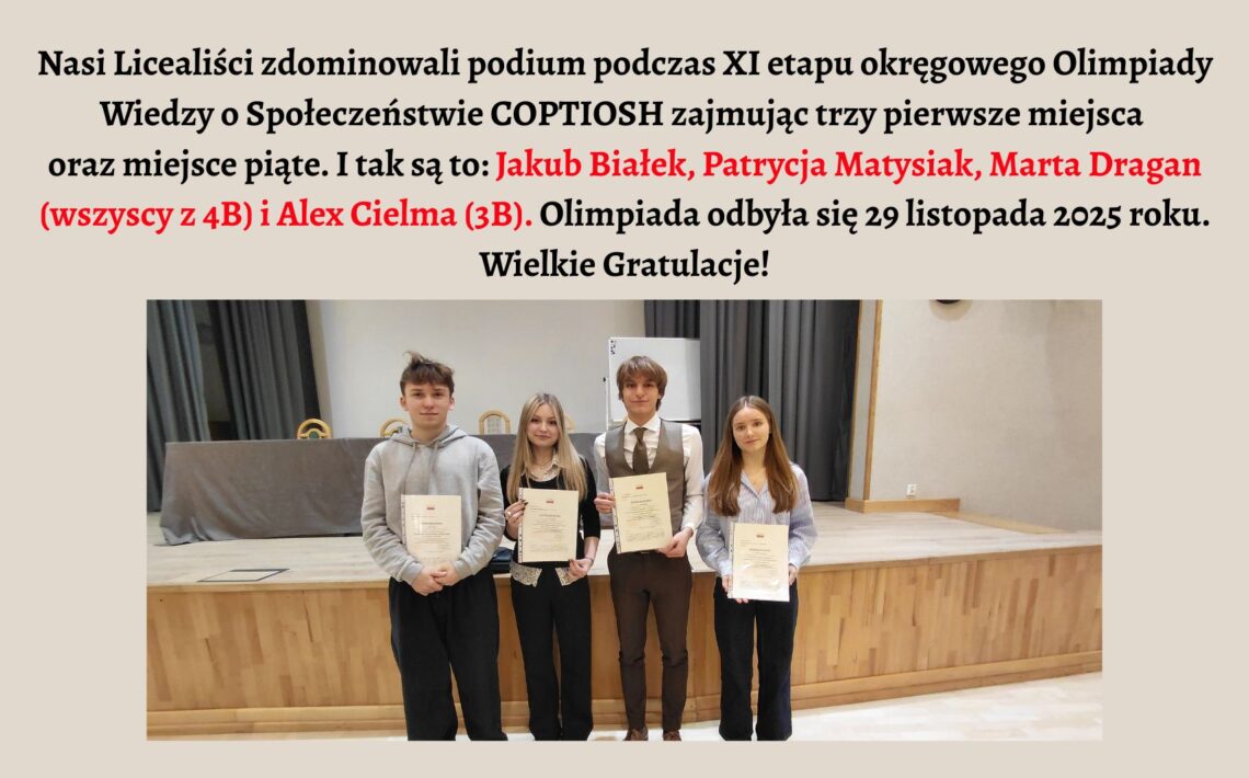 Grafika ma jasnobeżowe tło. W górnej części umieszczono tekst informujący o sukcesie licealistów w XI etapie Olimpiady Wiedzy o Społeczeństwie COPTIOSH. Podano nazwiska wyróżnionych uczniów oraz datę wydarzenia — 29 listopada 2025 roku. Trzy nazwiska w tekście wyróżniono czerwonym kolorem. Pod tekstem znajduje się zdjęcie czterech uczniów stojących w jednym rzędzie na tle szkolnej sceny. Każdy trzyma w rękach białe zaświadczenie w foliowej koszulce. Od lewej: chłopak w szarej bluzie, dziewczyna z blond włosami w czarnym swetrze, chłopak w eleganckiej koszuli z kamizelką, oraz dziewczyna w jasnoniebieskiej koszuli. W tle widać scenę z drewnianym podestem, duży stół z szarym obrusem i ciemne kotary. Grafika ma charakter gratulacyjny i informacyjny.