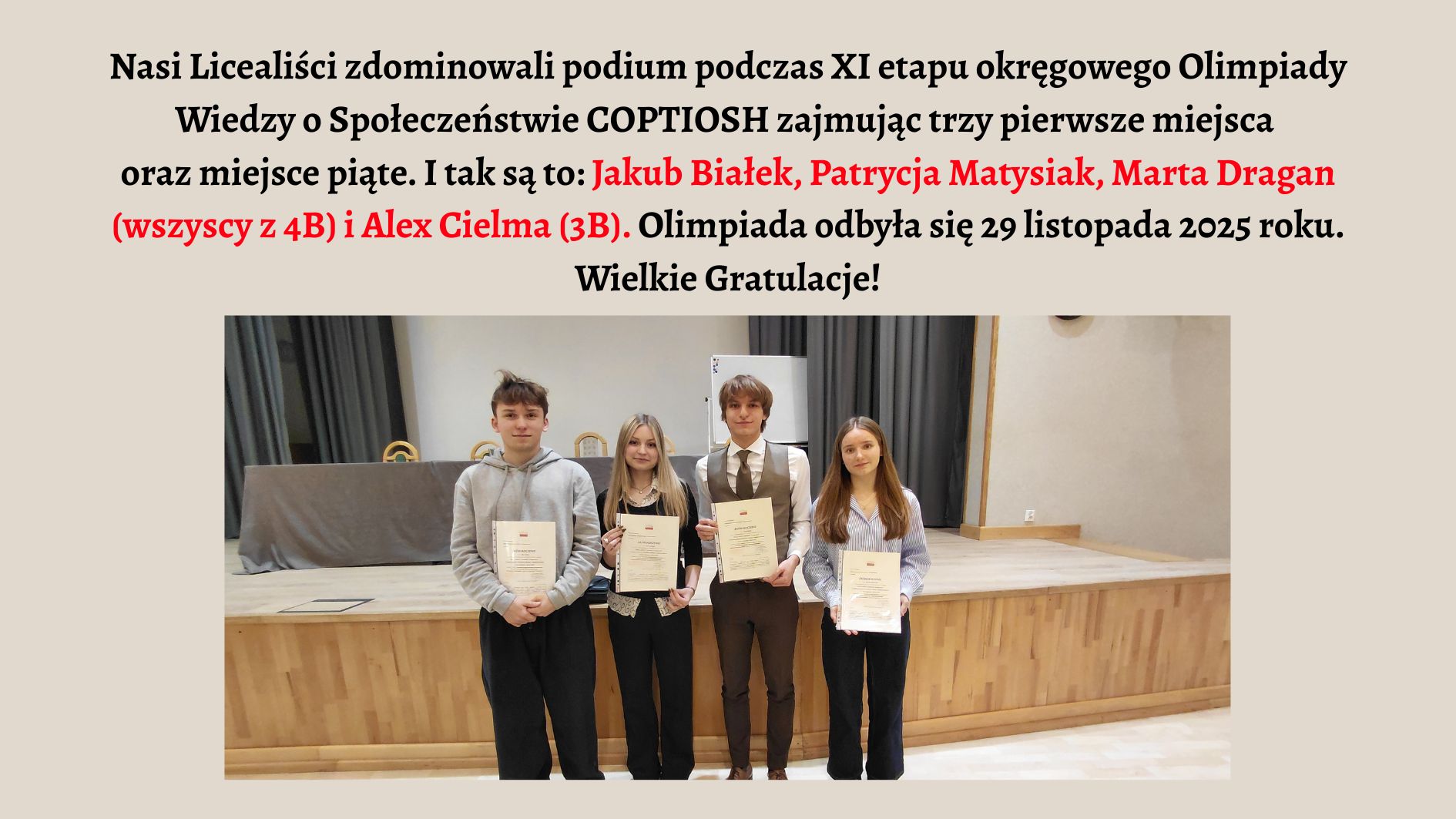 Grafika ma jasnobeżowe tło. W górnej części umieszczono tekst informujący o sukcesie licealistów w XI etapie Olimpiady Wiedzy o Społeczeństwie COPTIOSH. Podano nazwiska wyróżnionych uczniów oraz datę wydarzenia — 29 listopada 2025 roku. Trzy nazwiska w tekście wyróżniono czerwonym kolorem. Pod tekstem znajduje się zdjęcie czterech uczniów stojących w jednym rzędzie na tle szkolnej sceny. Każdy trzyma w rękach białe zaświadczenie w foliowej koszulce. Od lewej: chłopak w szarej bluzie, dziewczyna z blond włosami w czarnym swetrze, chłopak w eleganckiej koszuli z kamizelką, oraz dziewczyna w jasnoniebieskiej koszuli. W tle widać scenę z drewnianym podestem, duży stół z szarym obrusem i ciemne kotary. Grafika ma charakter gratulacyjny i informacyjny.