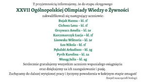 Białe tło. Komunikat o zakwalifikowaniu uczniów do etapu okręgowego XXVII Ogólnopolskiej Olimpiady Wiedzy o Żywności.

Lista zakwalifikowanych:

Bujak Hanna – kl. 1f

Cichosz Lena – kl. 1f

Grzywacz Amelia – kl. 2e

Karczmarczyk Łucja – kl. 1f

Lisowska Wiktoria – kl. 2e

Łos Nikola – kl. 1f

Pękalski Arkadiusz – kl. 3g

Pyrih Karolina – kl. 2a

Wasąg Julia – kl. 4g

Na dole grafiki gratulacje dla wszystkich uczniów za osiągnięcie oraz podziękowanie za pasję. Życzenia dalszych sukcesów, podpis: Zespół nauczycieli biologii.