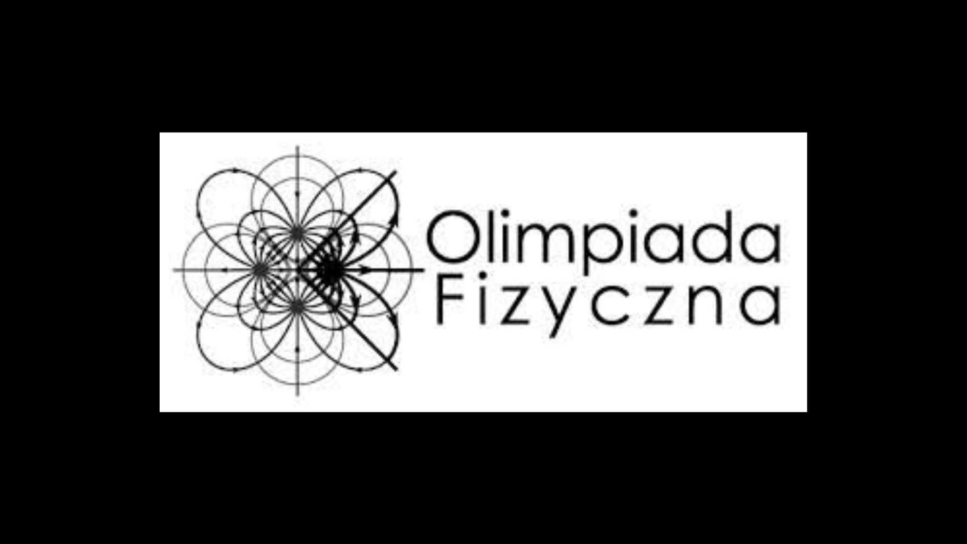Czarno-białe logo „Olimpiada Fizyczna”. Po lewej stronie abstrakcyjny, geometryczny rysunek złożony z wielu nakładających się okręgów i osi, przypominający konstrukcję matematyczno-fizyczną. Po prawej stronie czytelny napis „Olimpiada Fizyczna” czarną, prostą czcionką na białym tle.