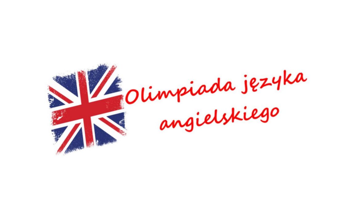 Grafika na białym tle przedstawiająca stylizowaną flagę Wielkiej Brytanii po lewej stronie oraz czerwony, odręczny napis „Olimpiada języka angielskiego” po prawej.