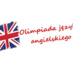 Grafika na białym tle przedstawiająca stylizowaną flagę Wielkiej Brytanii po lewej stronie oraz czerwony, odręczny napis „Olimpiada języka angielskiego” po prawej.