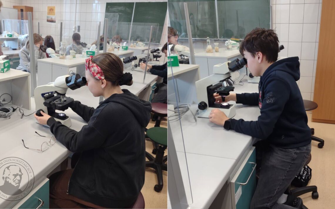 Zdjęcia przedstawiają uczniów podczas zajęć laboratoryjnych z biologii i chemii w szkolnej pracowni. Na pierwszych dwóch fotografiach młodzież pracuje przy mikroskopach, siedząc przy długich stołach oddzielonych przezroczystymi przegrodami. Uczniowie obserwują preparaty, regulują ostrość i oświetlenie, a na blatach znajdują się przewody, pudełka z chusteczkami laboratoryjnymi oraz okulary. W tle widoczna jest zielona tablica i ściany wyłożone białymi kafelkami.