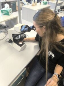 Uczennica z długimi włosami pochylona nad mikroskopem obserwuje próbkę. Mikroskop jest podświetlony od dołu, a na stoliku znajduje się preparat. Wokół widoczne są elementy wyposażenia laboratorium: przegrody ochronne, blaty robocze oraz pojemniki z materiałami.