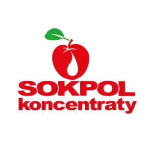 Logo „SOKPOL Koncentraty”: czerwone jabłko z zielonym listkiem nad czerwonym napisem na białym tle.
