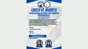 Plakat szkolnej debaty pt. „Debata szkolna: Lokata vs. skarpeta. Oszczędzanie w dobie niepewności gospodarczej”. Tło stanowi rozmyte zdjęcie banknotów. Dominują kolory: granatowy, niebieski i biały. Podano termin: 19 marca, godzina 12:35. Miejsce: aula. Na dole duży napis „Zapraszamy!”. Po prawej stronie znajdują się zdjęcia prowadzących: Joanna Sowa (1C) oraz Alicja Misztal (1G). U góry widoczne są dwa okrągłe logotypy szkoły i programu „Złote Szkoły”.
