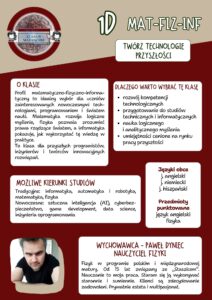 Plakat promujący klasę „1D MAT-FIZ-INF” w kolorystyce beżowo-czerwonej. W górnej części znajduje się nazwa klasy oraz hasło „Twórz technologie przyszłości”, obok okrągłe logo z napisem „Klasa D MAT-FIZ-INF”. Poniżej umieszczono sekcje tekstowe: opis profilu matematyczno-fizyczno-informatycznego, listę powodów wyboru klasy (rozwój kompetencji technologicznych, przygotowanie do studiów technicznych, nauka logicznego myślenia, umiejętności przyszłości), możliwe kierunki studiów (m.in. informatyka, AI, cyberbezpieczeństwo), a także informacje o językach obcych (angielski, niemiecki, hiszpański) i punktowanych przedmiotach (angielski, fizyka). Na dole znajduje się zdjęcie mężczyzny oraz informacja o wychowawcy – Pawle Dyńcu, nauczycielu fizyki.