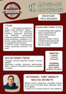Klasa o profilu matematyczno-geograficznym z rozszerzonym językiem angielskim. Skupia się na rozwijaniu logicznego i analitycznego myślenia oraz rozumieniu świata i gospodarki. Przygotowuje do studiów ekonomicznych, biznesowych i pokrewnych. Możliwości studiów: ekonomia, geografia, logistyka, turystyka, analityka biznesowa, GIS, e-commerce. Języki: angielski, niemiecki, hiszpański. Punktowane: angielski + geografia lub historia. Wychowawca: nauczyciel matematyki Robert Winiarczyk.