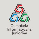 Logo Olimpiady Informatycznej Juniorów – trzy połączone sześciokątne symbole przypominające wirujące strzałki, ułożone w trójkąt (czerwony u góry, niebieski po lewej, zielony po prawej), pod nimi czarny napis: „Olimpiada Informatyczna Juniorów” na jasnym tle.