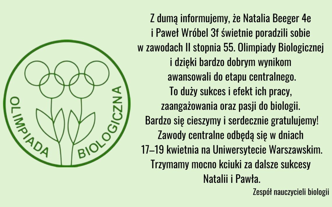 Grafika na jasnym, zielonym tle z logo Olimpiady Biologicznej po lewej stronie i tekstem gratulacyjnym po prawej. Informuje o sukcesie uczniów Natalii Beeger i Pawła Wróbla, którzy awansowali do etapu centralnego 55. Olimpiady Biologicznej.