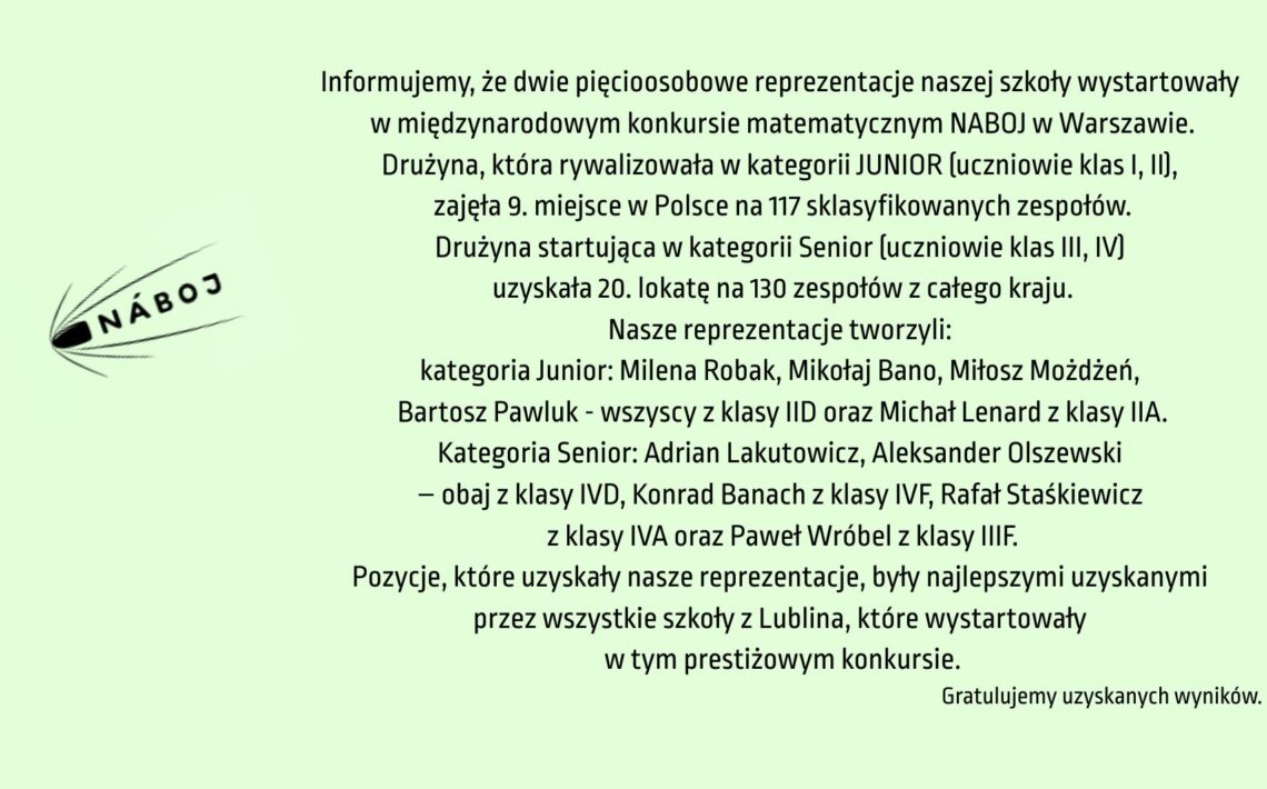Dwie pięcioosobowe drużyny naszej szkoły wzięły udział w konkursie NABOJ w Warszawie. Zespół juniorów zajął 9. miejsce w Polsce (na 117 drużyn), a seniorzy 20. miejsce (na 130 drużyn). Były to najlepsze wyniki spośród szkół z Lublina.