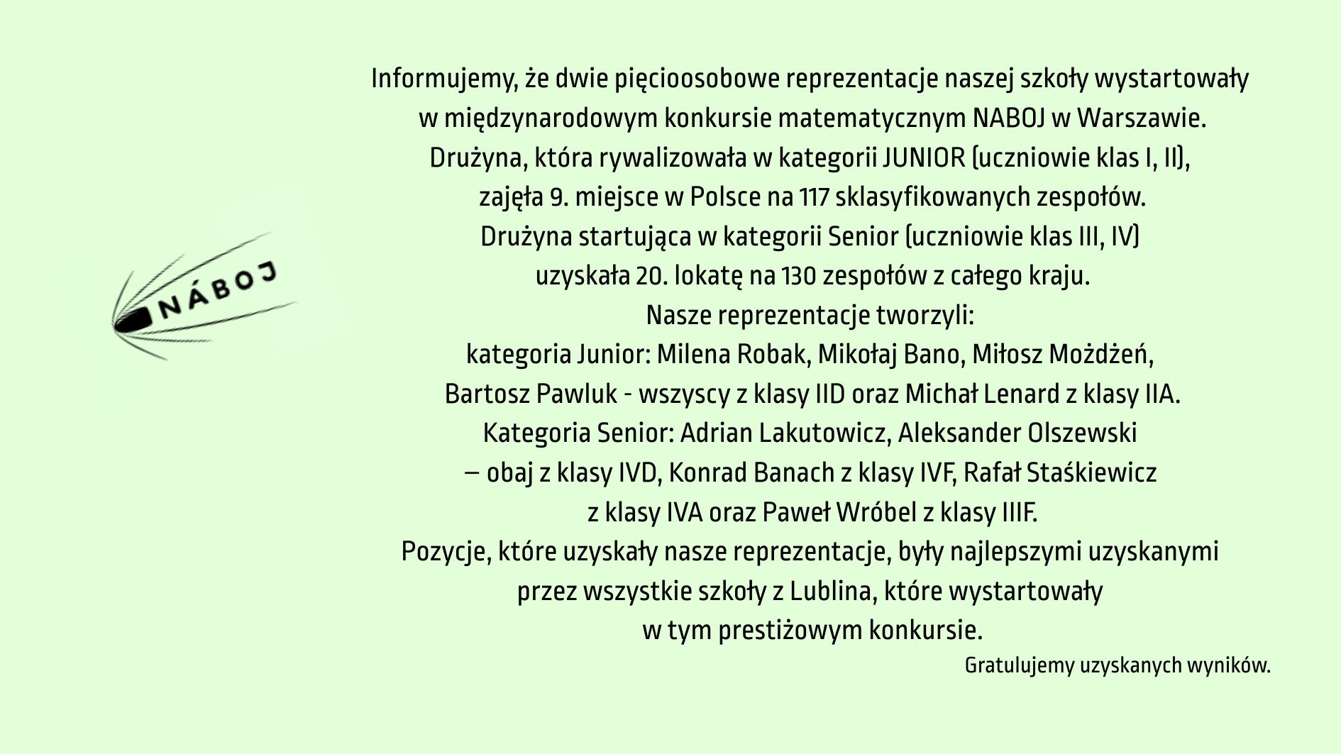Dwie pięcioosobowe drużyny naszej szkoły wzięły udział w konkursie NABOJ w Warszawie. Zespół juniorów zajął 9. miejsce w Polsce (na 117 drużyn), a seniorzy 20. miejsce (na 130 drużyn). Były to najlepsze wyniki spośród szkół z Lublina.