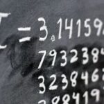 Na zdjęciu widać fragment tablicy lub ciemnego tła, na którym białą kredą zapisano symbol matematyczny liczby π (pi) oraz jej rozwinięcie dziesiętne zaczynające się od 3,141592653…. Liczby zapisane są w kilku liniach, a część zapisu jest lekko rozmazana, jakby ktoś próbował zetrzeć fragment kredy. Obraz przedstawia motyw matematyczny związany z liczbą pi
