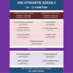Plakat informacyjny szkoły na temat „Dni Otwartych Szkoły”, które odbędą się 10–11 kwietnia. Najważniejsze informacje: Zwiedzanie szkoły, gra terenowa i atrakcje w wyznaczonych godzinach (10.04: 13:00–15:00, 11.04: 10:00–12:00). Prezentacja klasy pre-IB (10.04: 15:00–16:30, 11.04: 12:00–13:30). W programie m.in.: nauka w praktyce (pokazy z chemii, fizyki, biologii), strefy aktywności (radio, quizy, szachy), pokazy taneczne, aula i strefa spotkań, możliwość zadawania pytań o szkołę, aktywności sportowe. Dodatkowo: prezentacja programu IB/pre-IB, stoiska przedmiotowe, film i panel Q&A, quiz Kahoot i atrakcje dodatkowe. Na dole hasło: „440 lat historii. Teraz czas na Twoją! Do zobaczenia!”