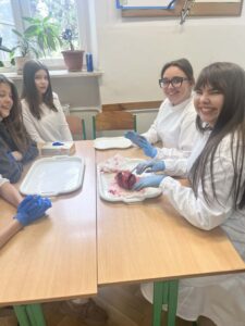 Grupa uczennic siedzi przy stole; jedna z nich dotyka serca na tacy, inne obserwują i uśmiechają się.