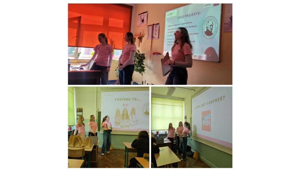Grafika przedstawia trzy zdjęcia z prezentacji szkolnej. Na górnym zdjęciu trzy uczennice w różowych koszulkach stoją przy tablicy z rzutnikiem i omawiają slajd dotyczący celów projektu. Na dolnych zdjęciach te same uczennice prezentują projekt „Fonfree” przed klasą – stoją obok ekranu z prezentacją, a na ławkach widać torby i materiały. W tle znajduje się sala lekcyjna z oknami i zielonymi roletami.